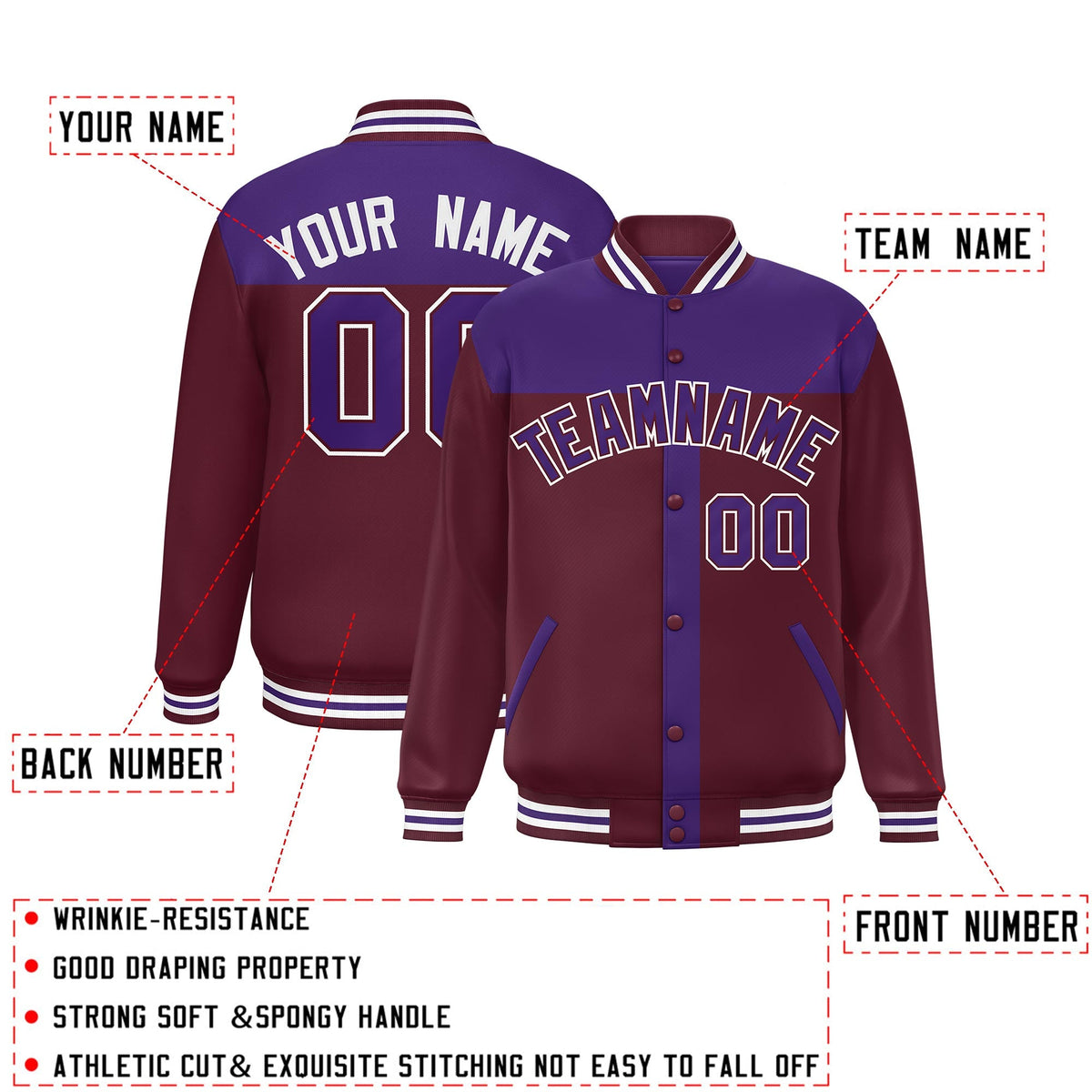 Custom Purple Crimson Color Block Bomber Varsity Baseball Jacket