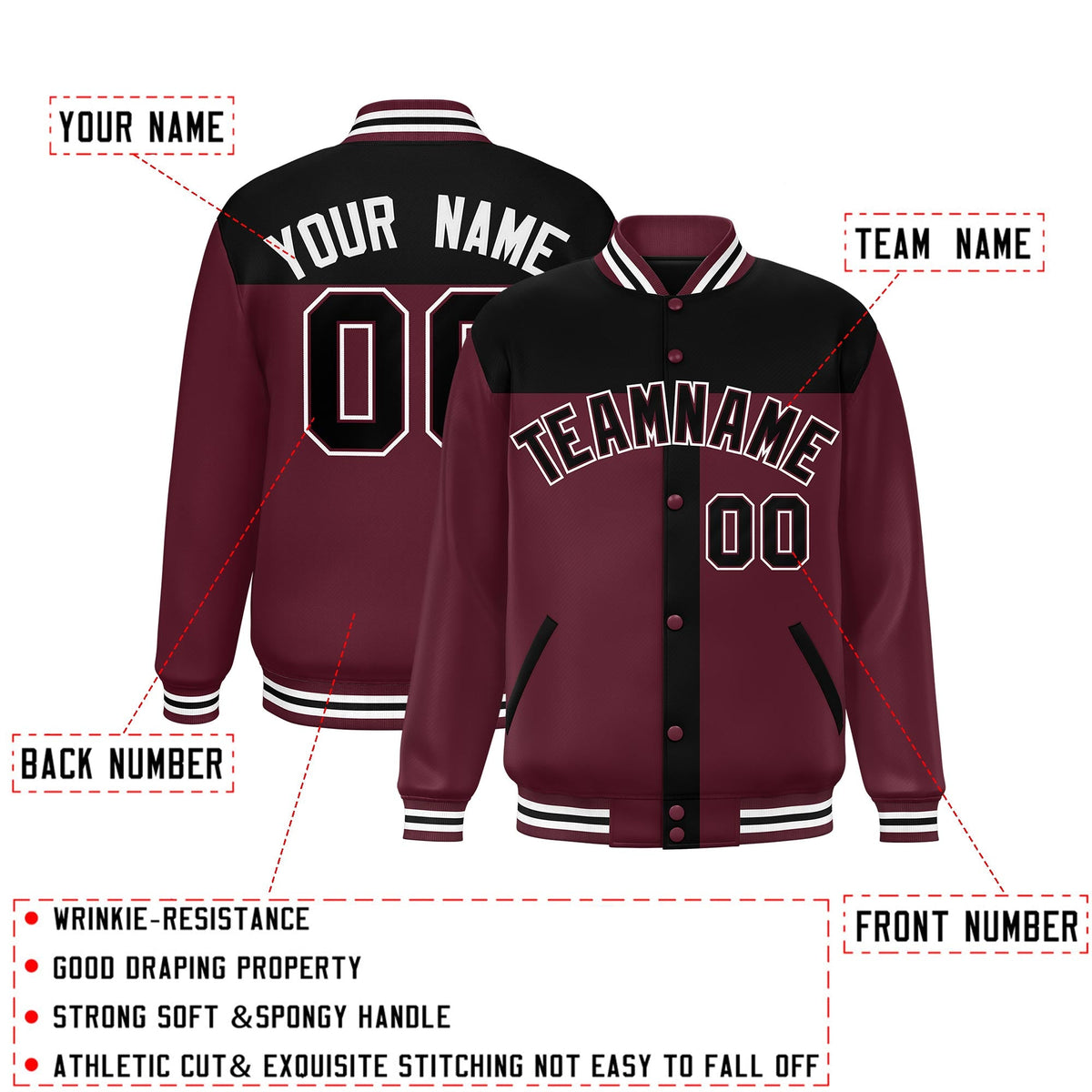 Custom Black Crimson Color Block Bomber Varsity Baseball Jacket