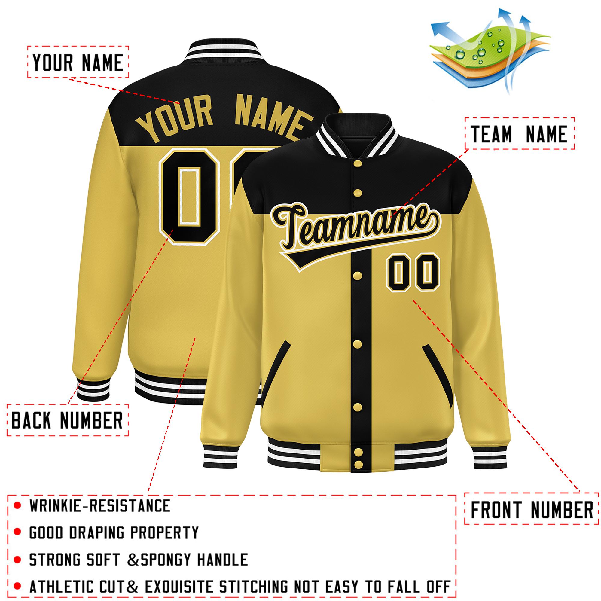 Custom Black Old Gold Color Block Bomber Varsity Baseball Jacket