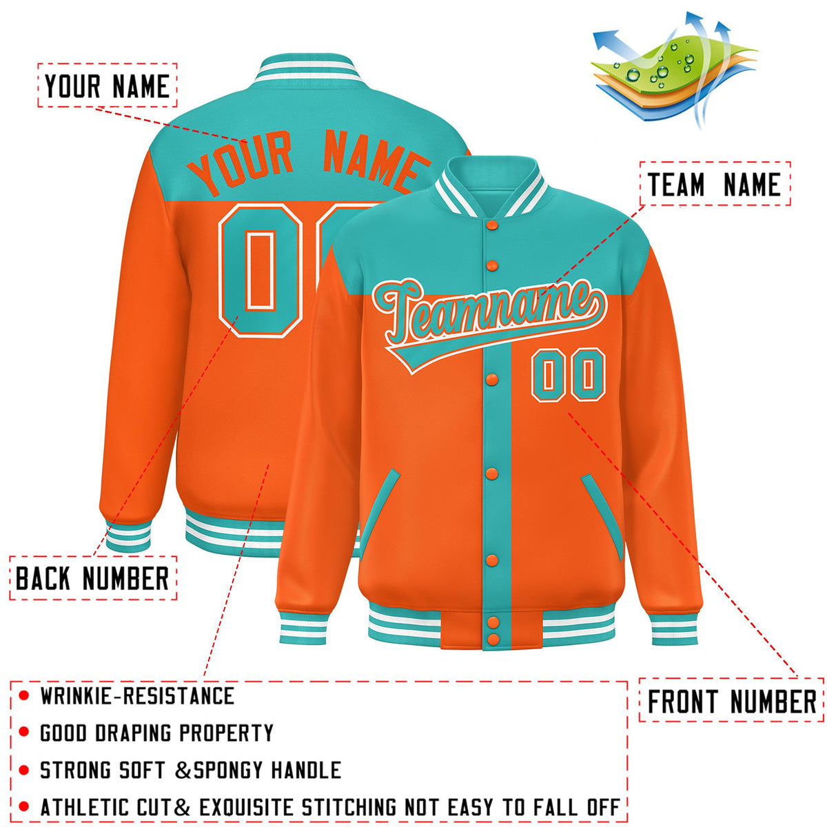 Custom Aqua Orange Color Block Bomber Varsity Baseball Jacket