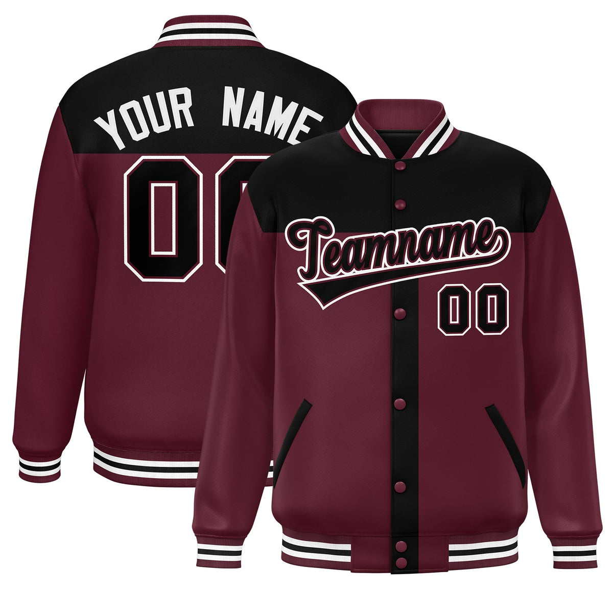 Custom Black Crimson Color Block Bomber Varsity Baseball Jacket