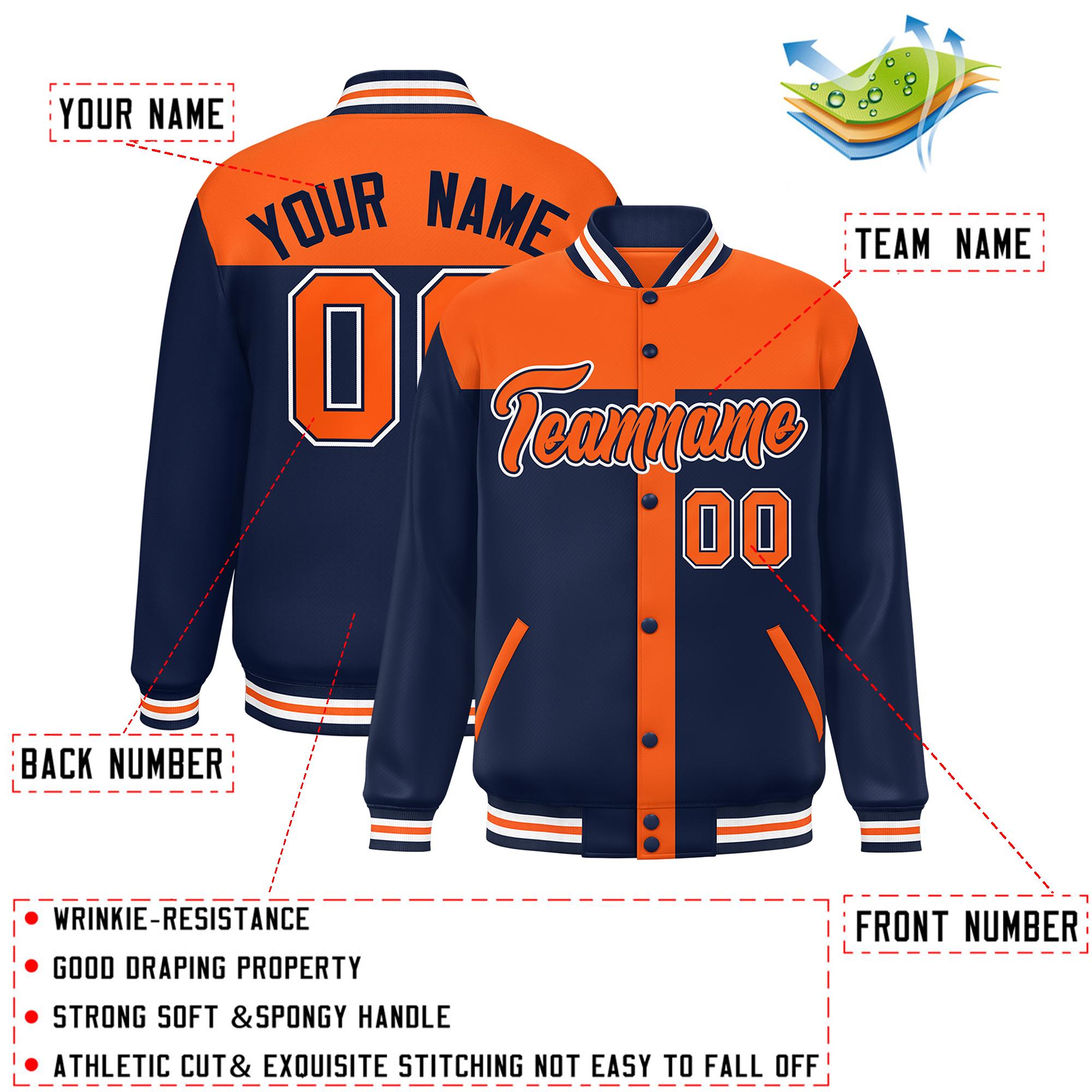 Custom Orange Navy Color Block Bomber Varsity Baseball Jacket