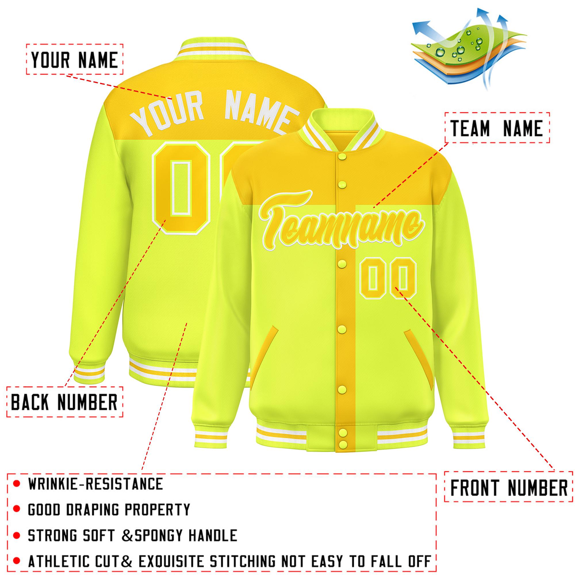 Custom Gold Green Color Block Bomber Varsity Baseball Jacket