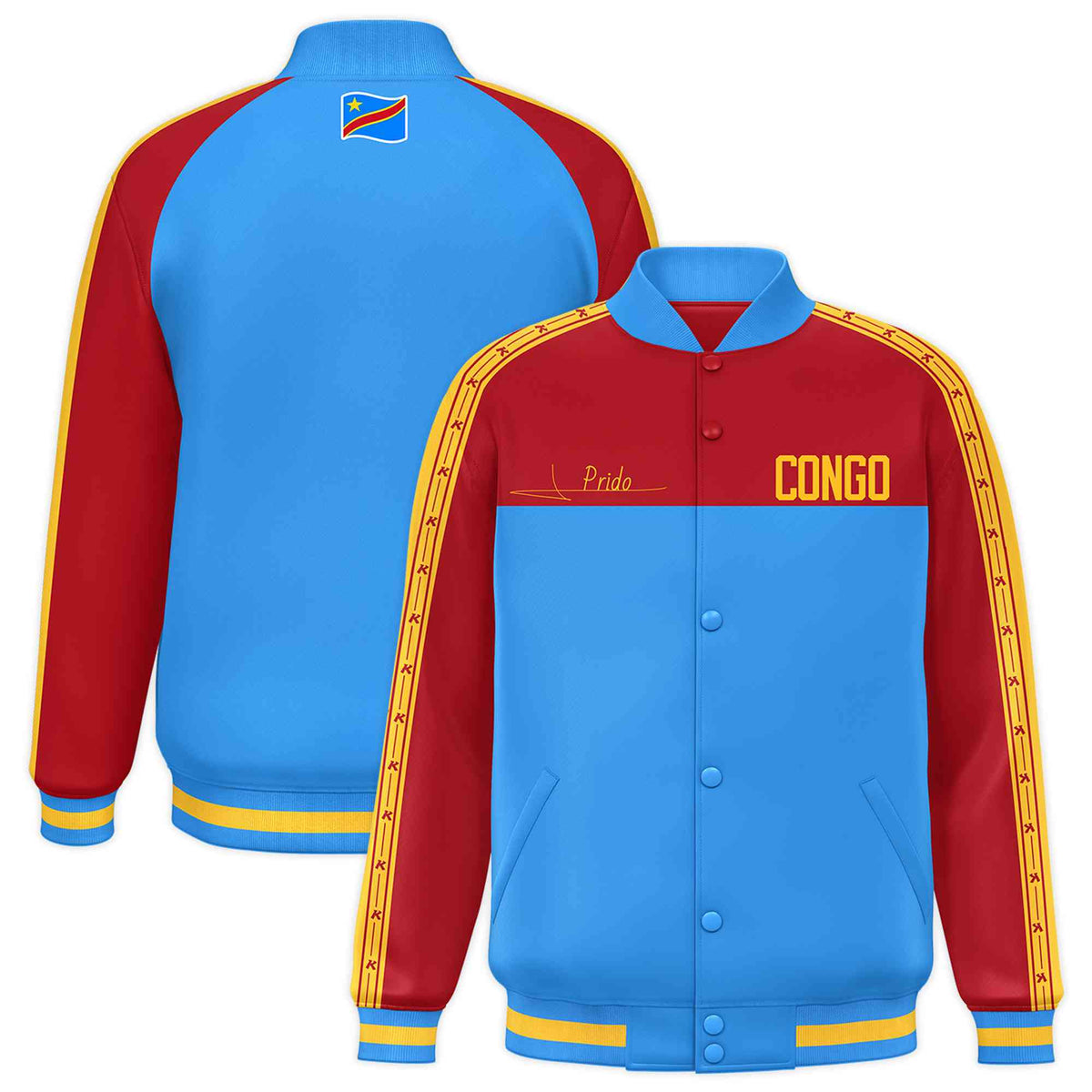 Custom Powder Blue Red Raglan Sleeves Varsity Full-Snap Color Block Letterman Prido Jacket