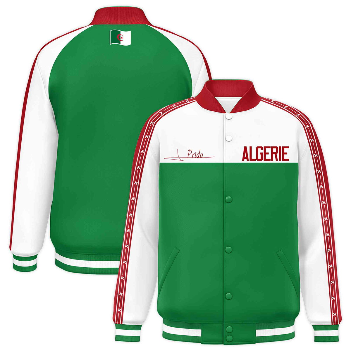 Custom Kelly Green White Raglan Sleeves Varsity Full-Snap Color Block Letterman Prido Jacket