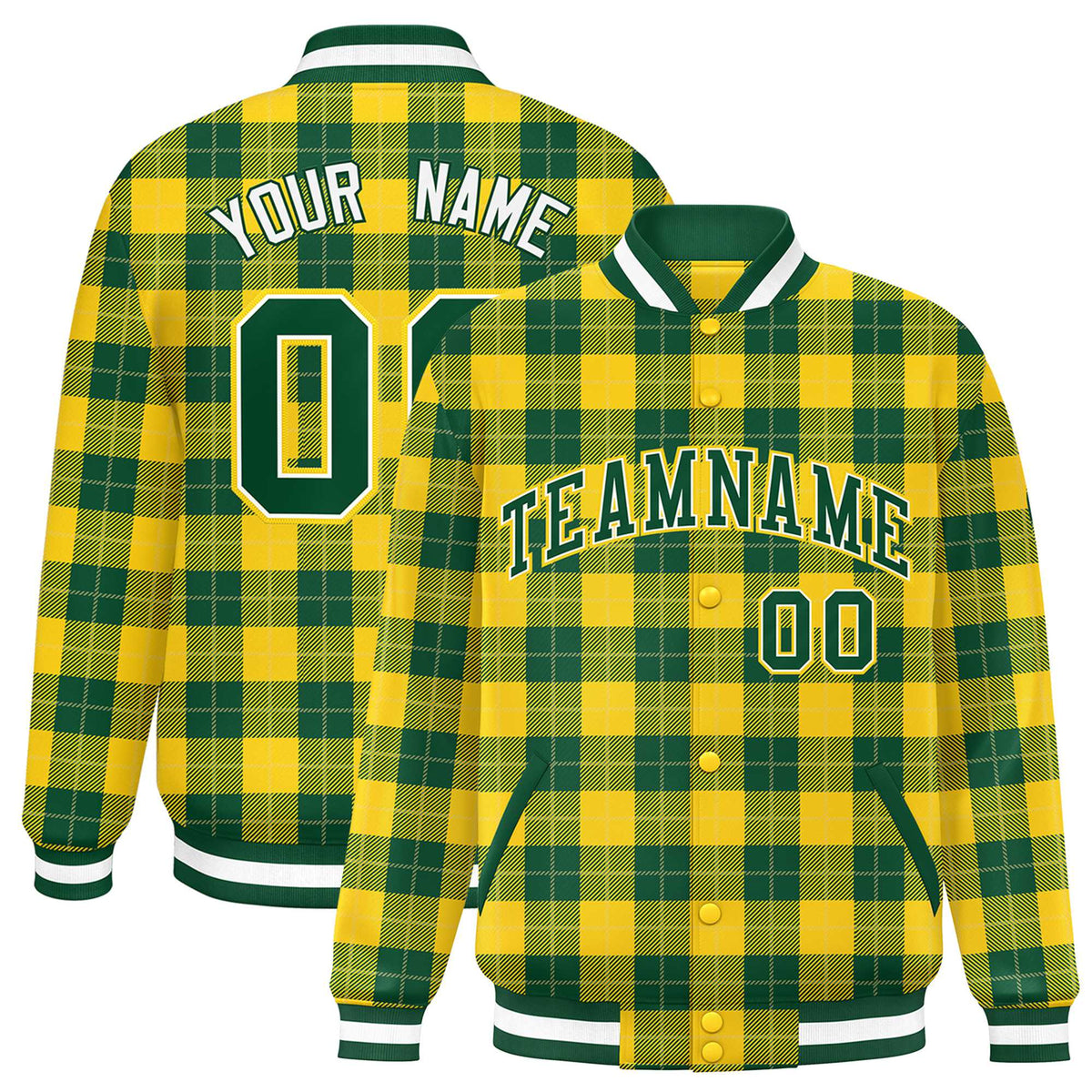 Custom Green Gold Varsity Full-Snap Plaid Pattern Letterman Baseball Jacket