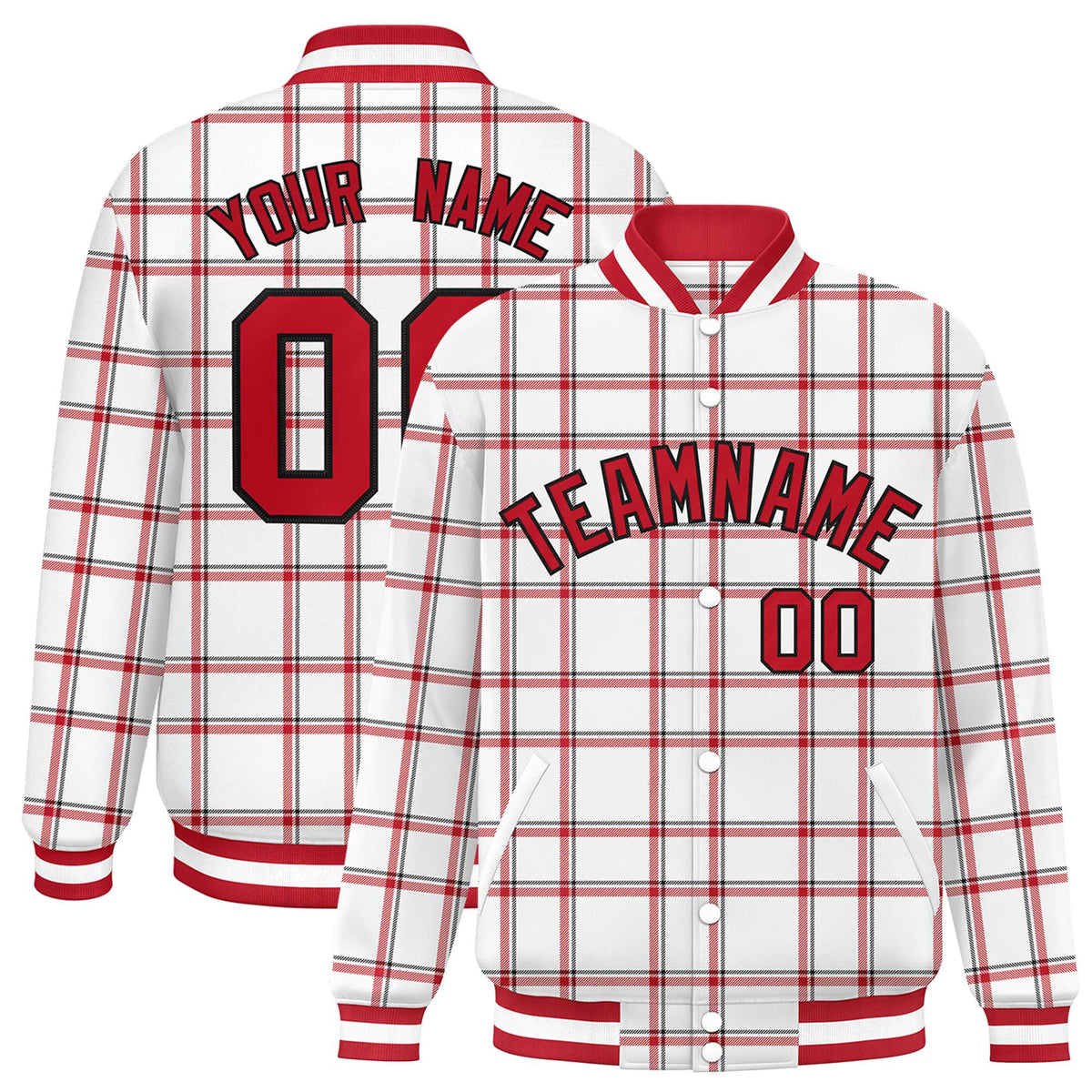Custom White Varsity Full-Snap Plaid Pattern Letterman Baseball Jacket