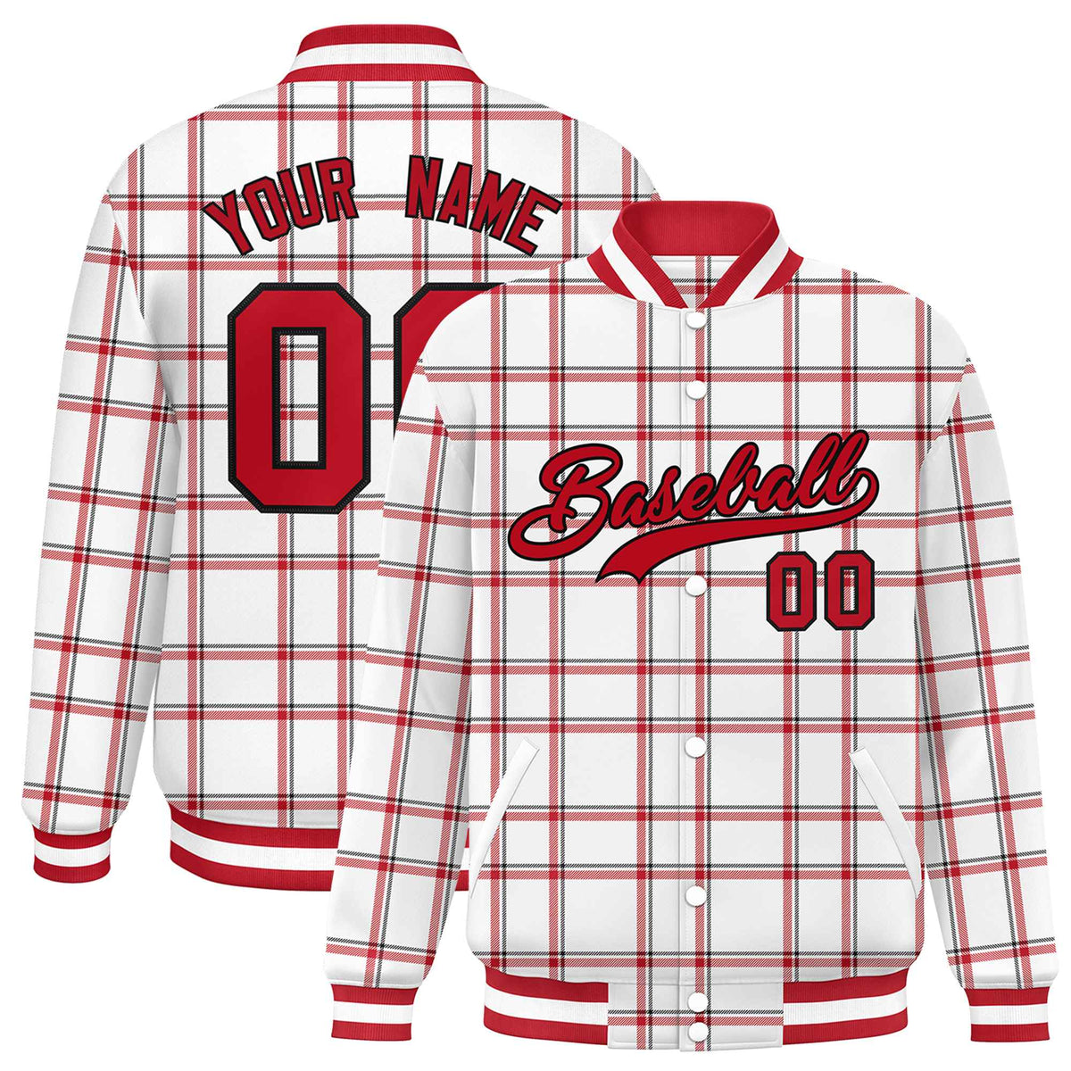 Custom White Varsity Full-Snap Plaid Pattern Letterman Baseball Jacket