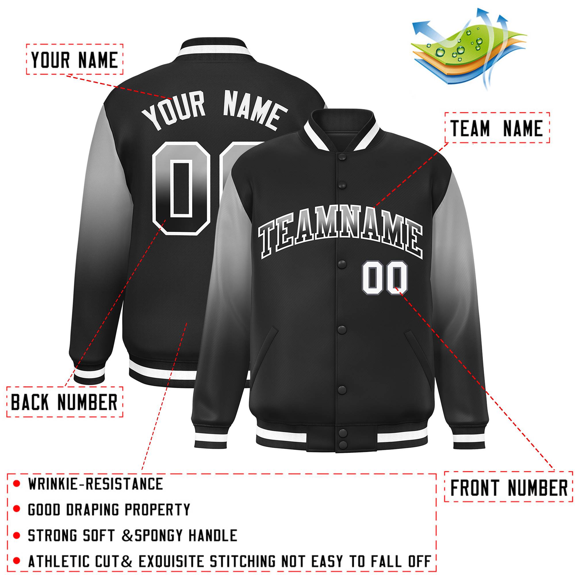 Custom Black Gray-Black Gradient Varsity Full-Snap Raglan Sleeves Baseball Jacket