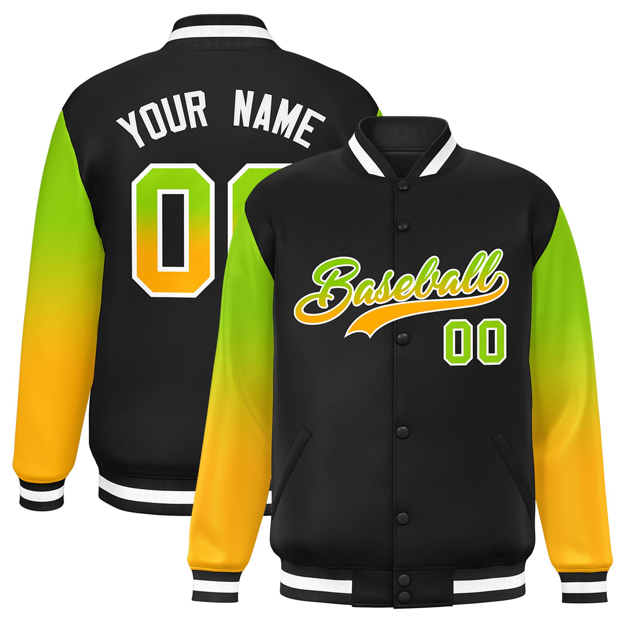 Custom Black Neon Green-Yellow Gradient Varsity Full-Snap Raglan Sleeves Baseball Jacket