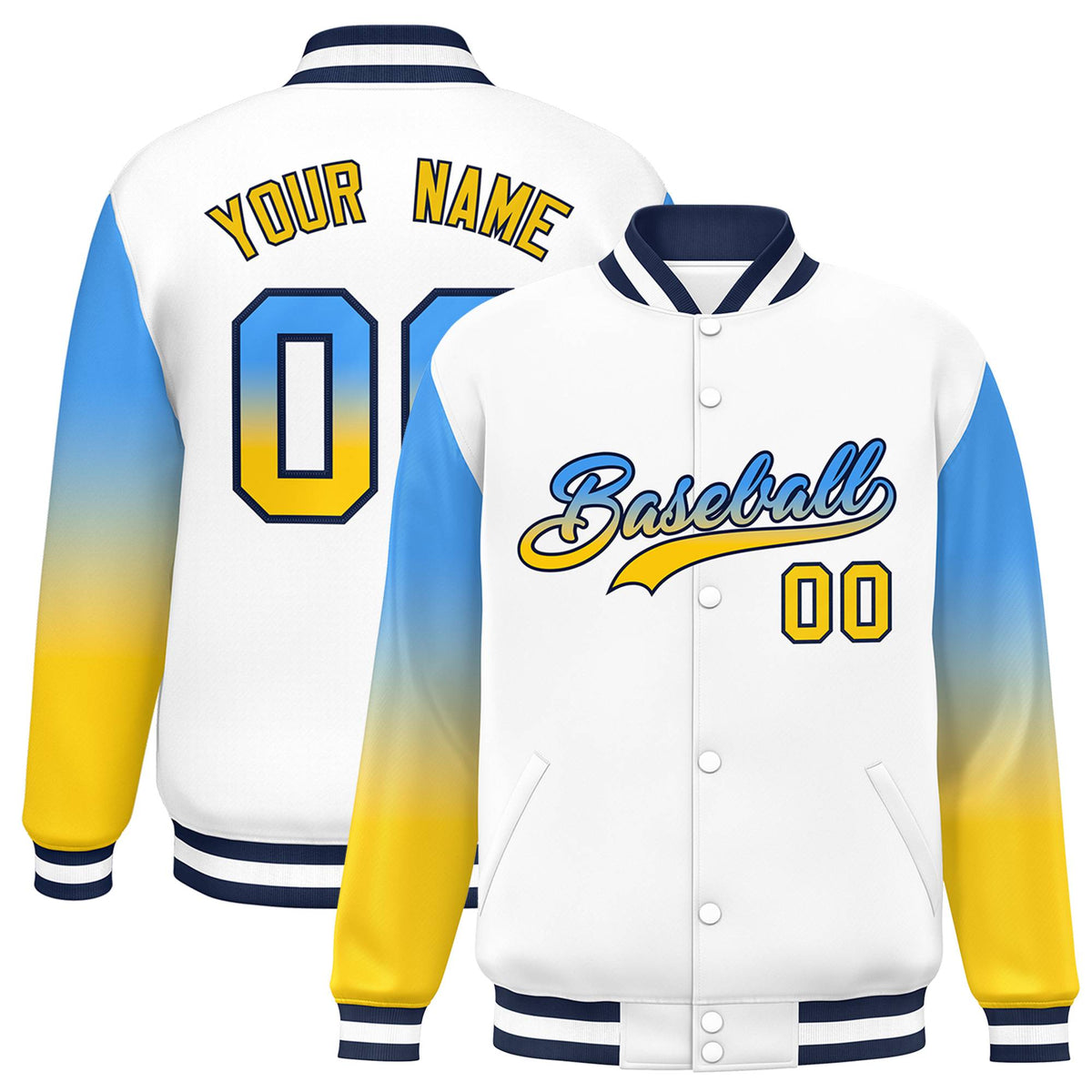 Custom White Powder Blue-Gold Gradient Varsity Full-Snap Raglan Sleeves Baseball Jacket