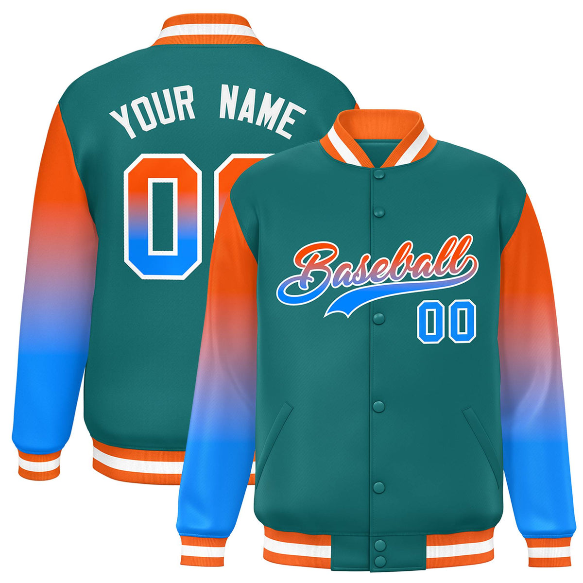 Custom Aqua Orange-Powder Blue Gradient Varsity Full-Snap Raglan Sleeves Baseball Jacket
