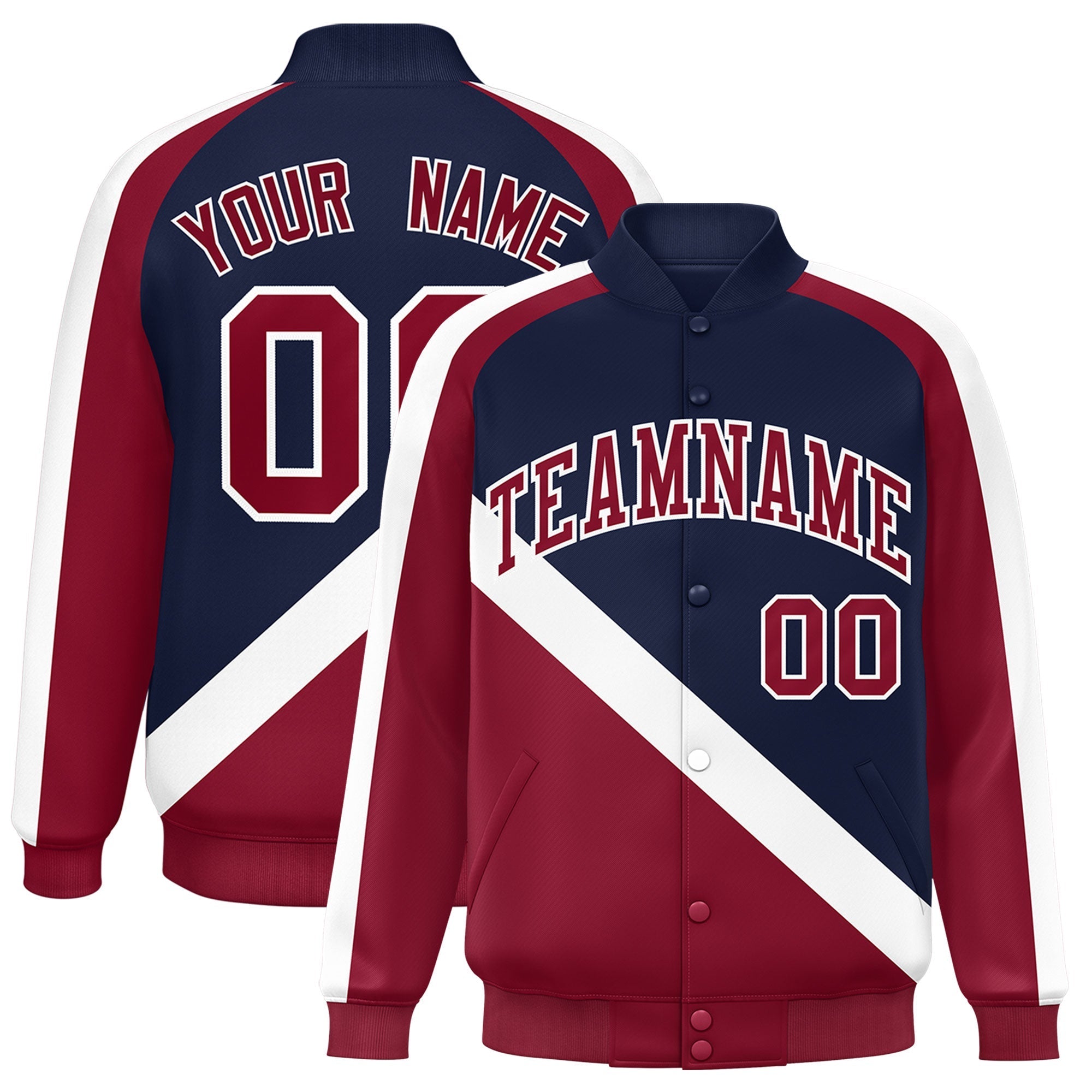 Custom Navy Crimson Raglan Sleeves Varsity Full-Snap Letterman Baseball Jacket