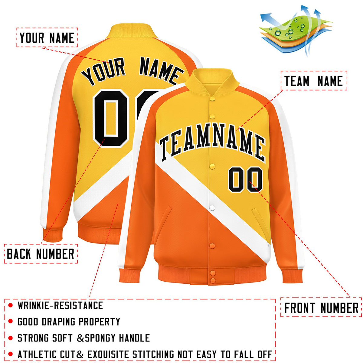 Custom Gold Orange Raglan Sleeves Varsity Full-Snap Letterman Baseball Jacket
