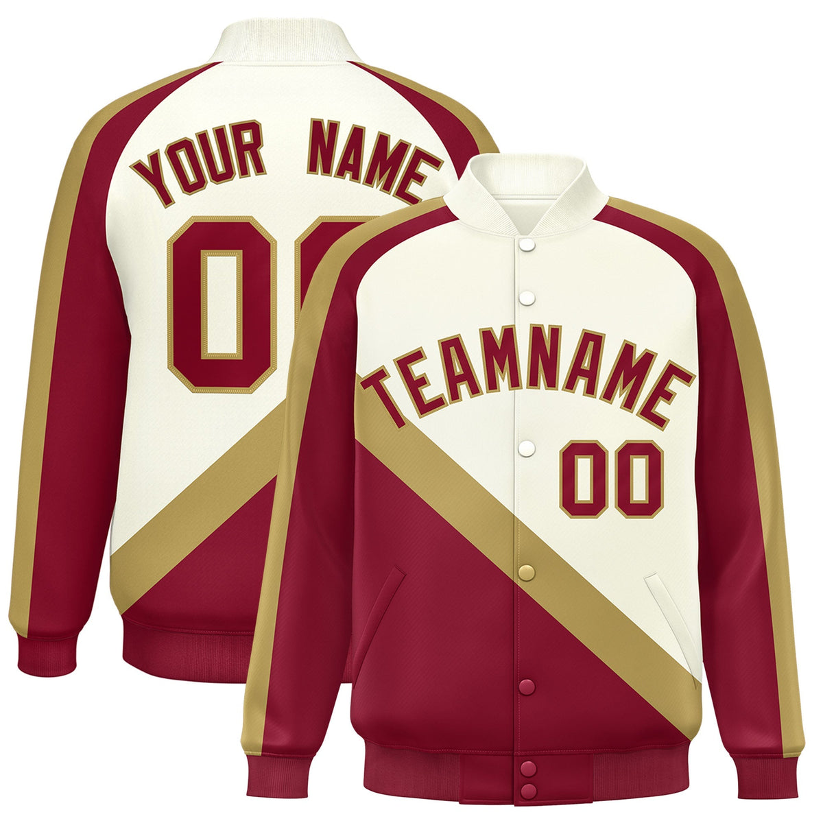 Custom Cream Crimson Raglan Sleeves Varsity Full-Snap Letterman Baseball Jacket