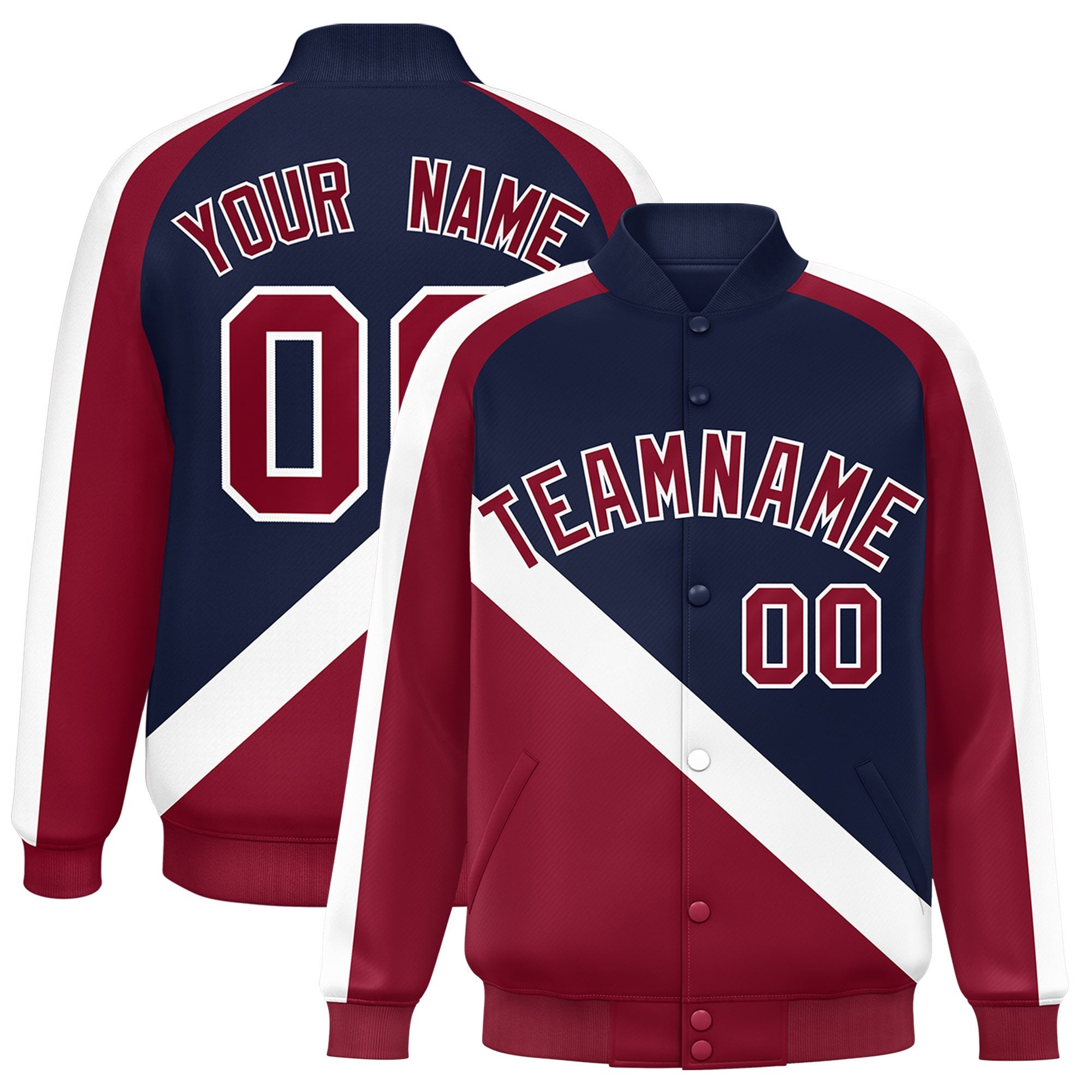 Custom Navy Crimson Raglan Sleeves Varsity Full-Snap Letterman Baseball Jacket