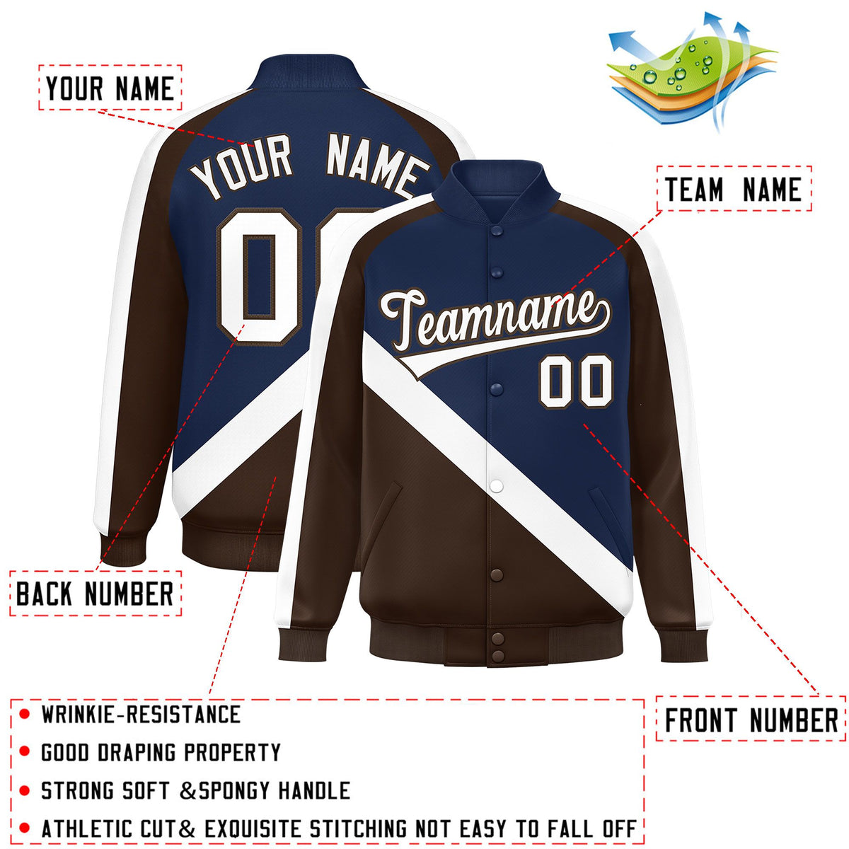 Custom Navy Brown Raglan Sleeves Varsity Full-Snap Letterman Baseball Jacket
