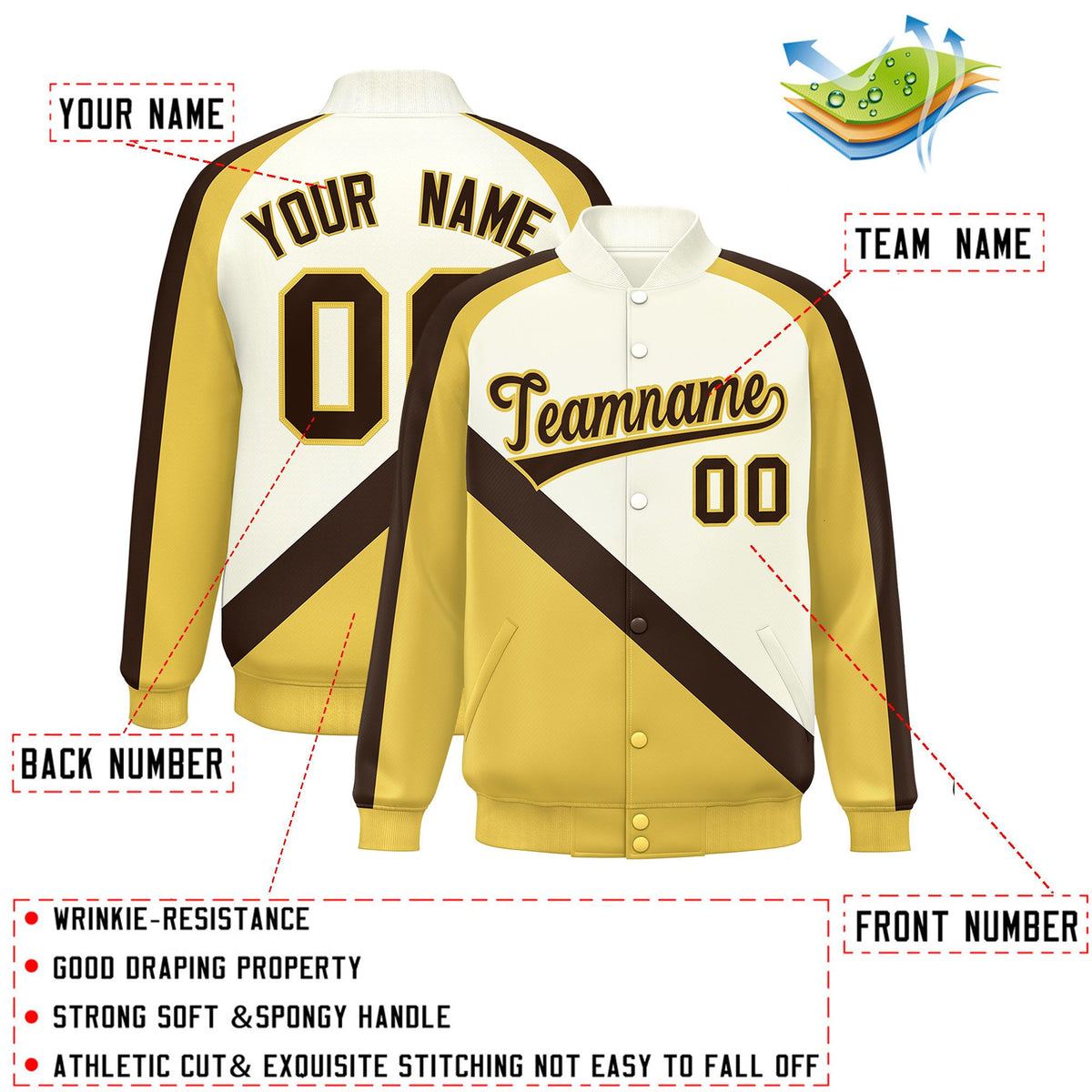 Custom Cream Khaki Raglan Sleeves Varsity Full-Snap Letterman Baseball Jacket