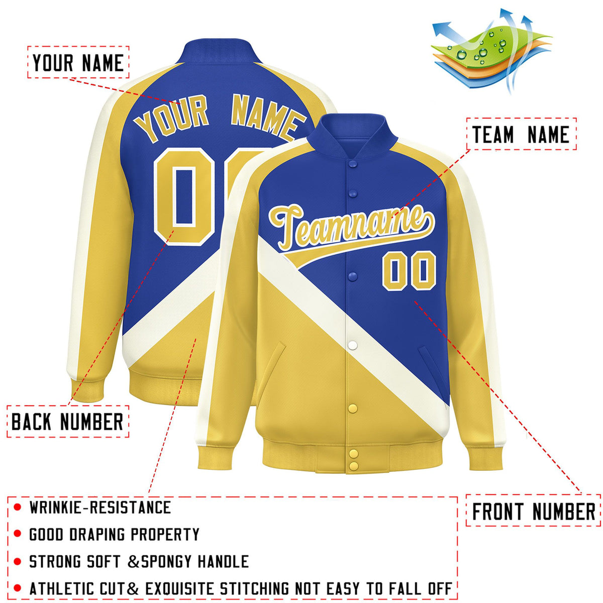 Custom Royal Khaki Raglan Sleeves Varsity Full-Snap Letterman Baseball Jacket