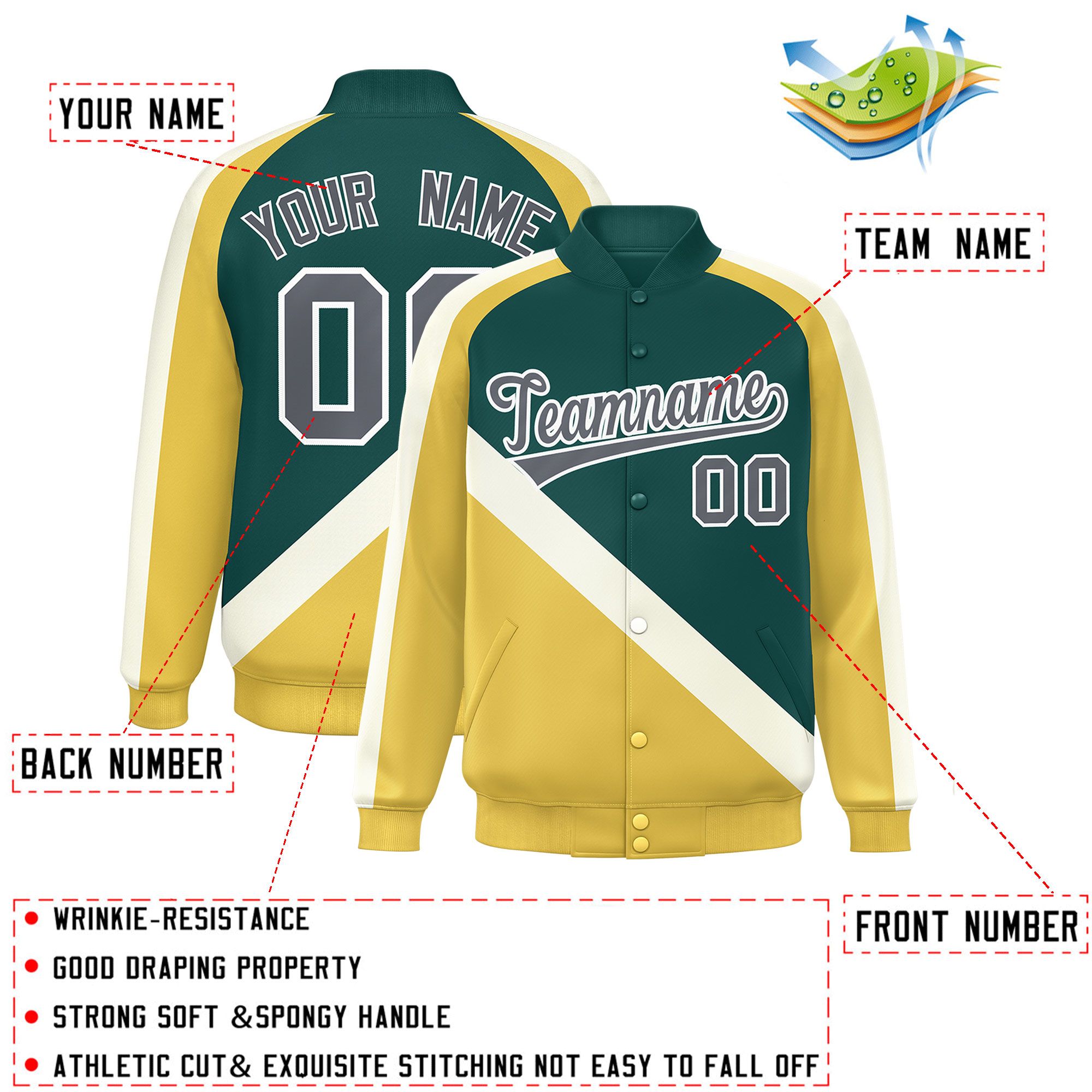 Custom Midnight Green Khaki Raglan Sleeves Varsity Full-Snap Letterman Baseball Jacket
