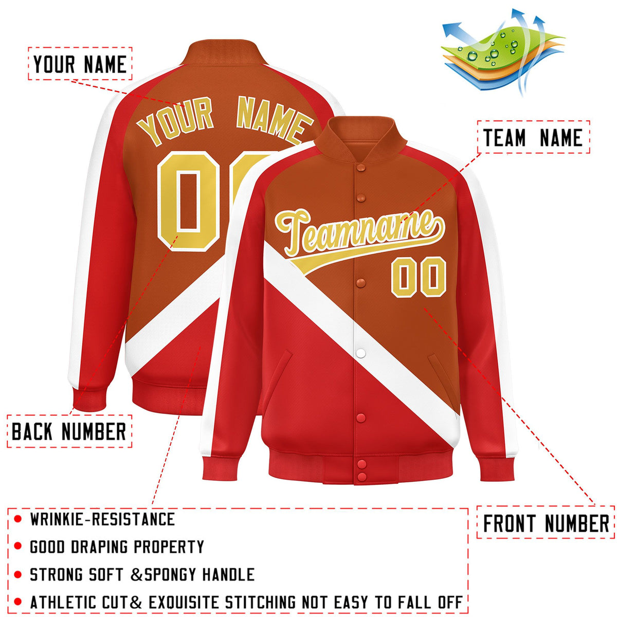 Custom Texas Orange Red Raglan Sleeves Varsity Full-Snap Letterman Baseball Jacket