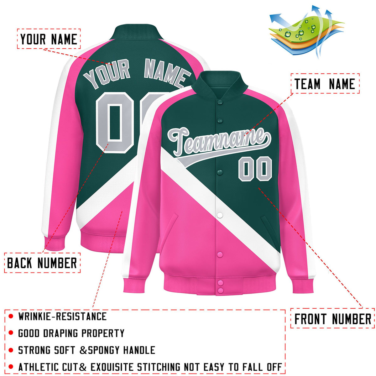 Custom Midnight Green Pink Raglan Sleeves Varsity Full-Snap Letterman Baseball Jacket