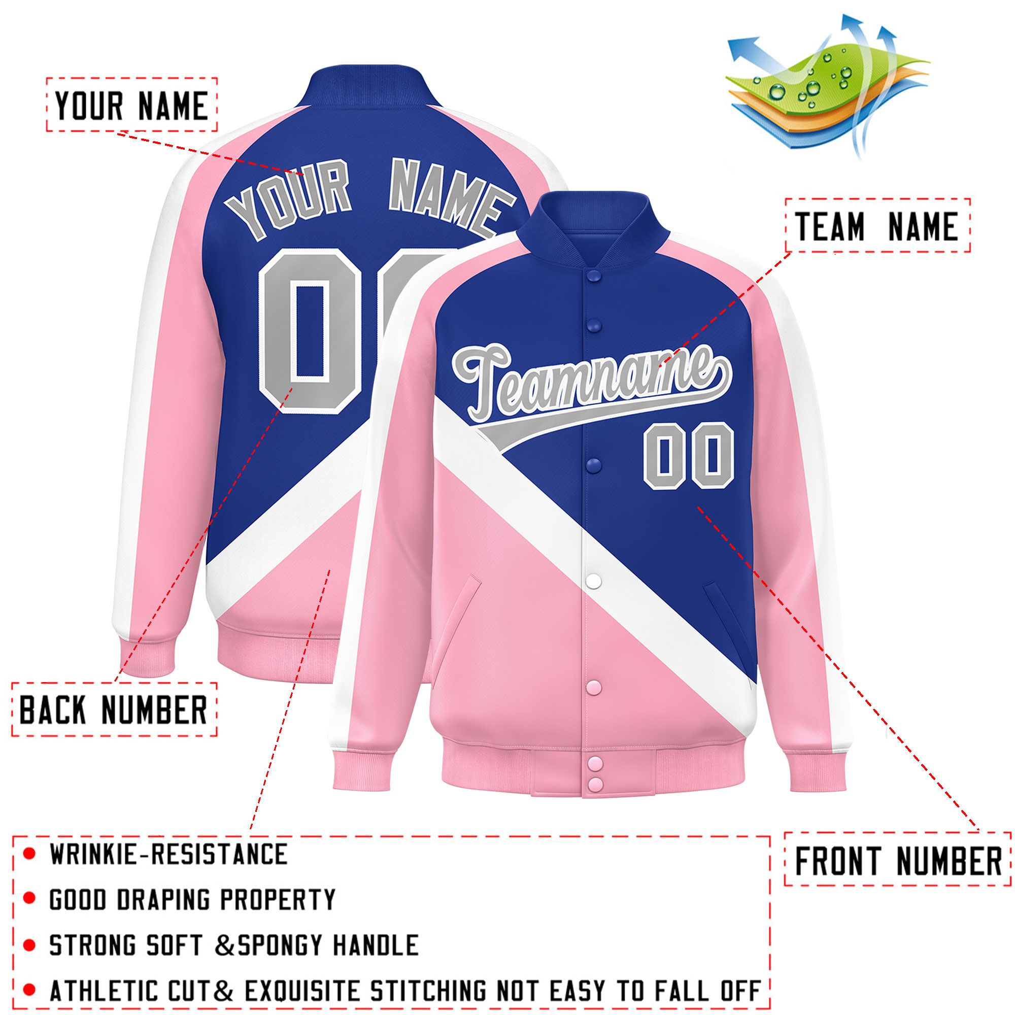 Custom Royal Light Pink Raglan Sleeves Varsity Full-Snap Letterman Baseball Jacket