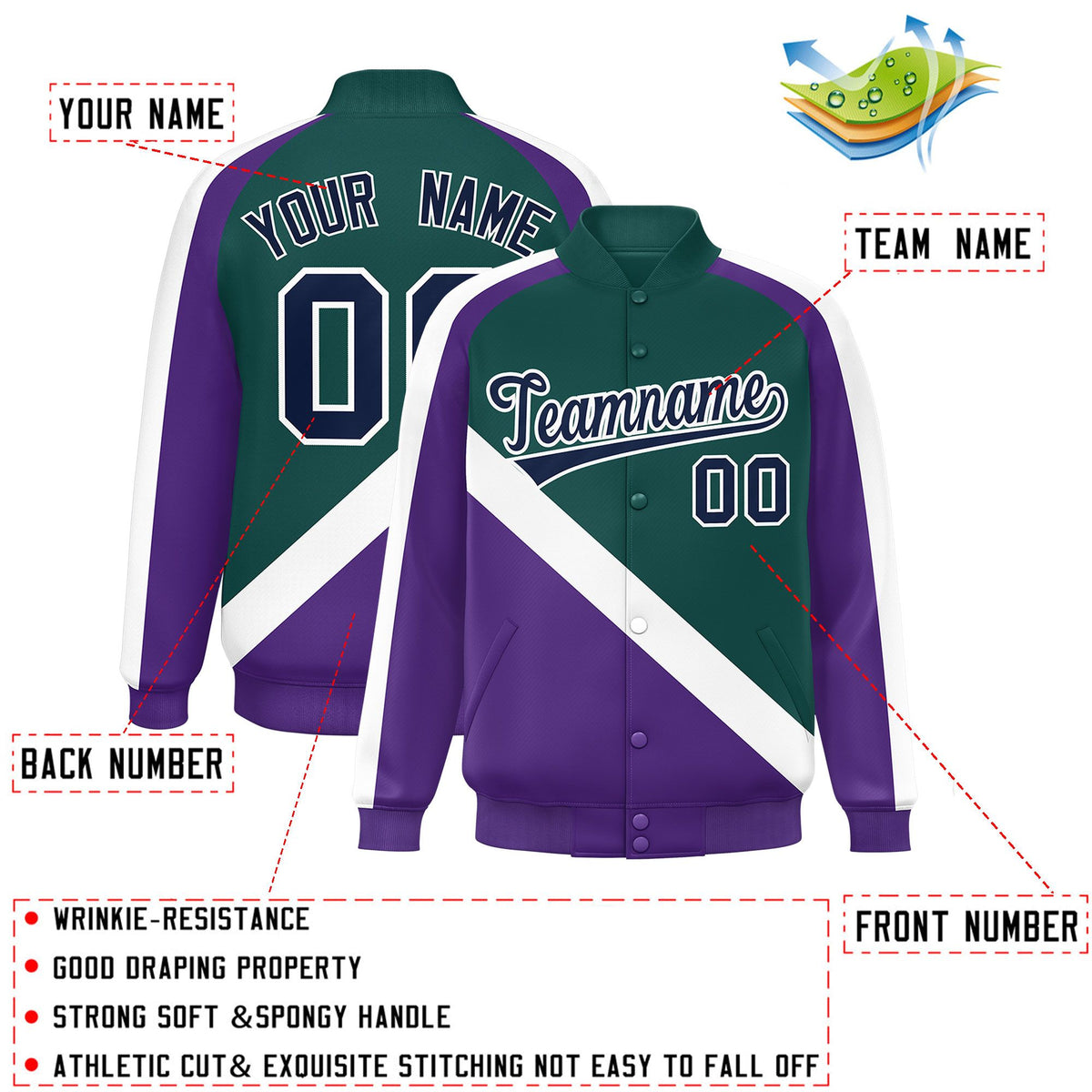 Custom Midnight Green Purple Raglan Sleeves Varsity Full-Snap Letterman Baseball Jacket
