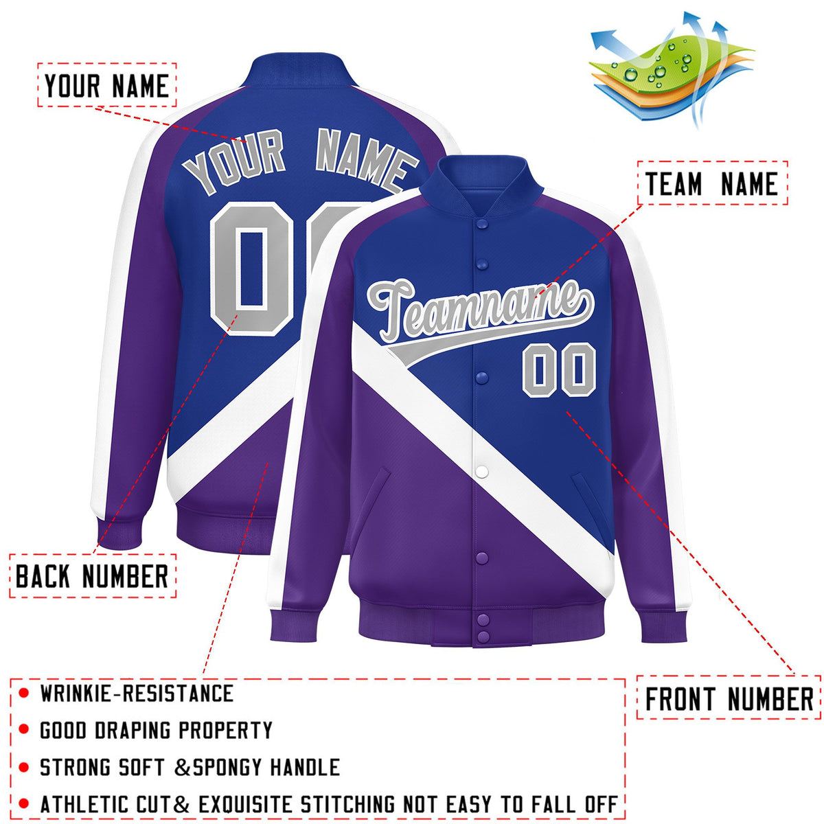 Custom Royal Purple Raglan Sleeves Varsity Full-Snap Letterman Baseball Jacket