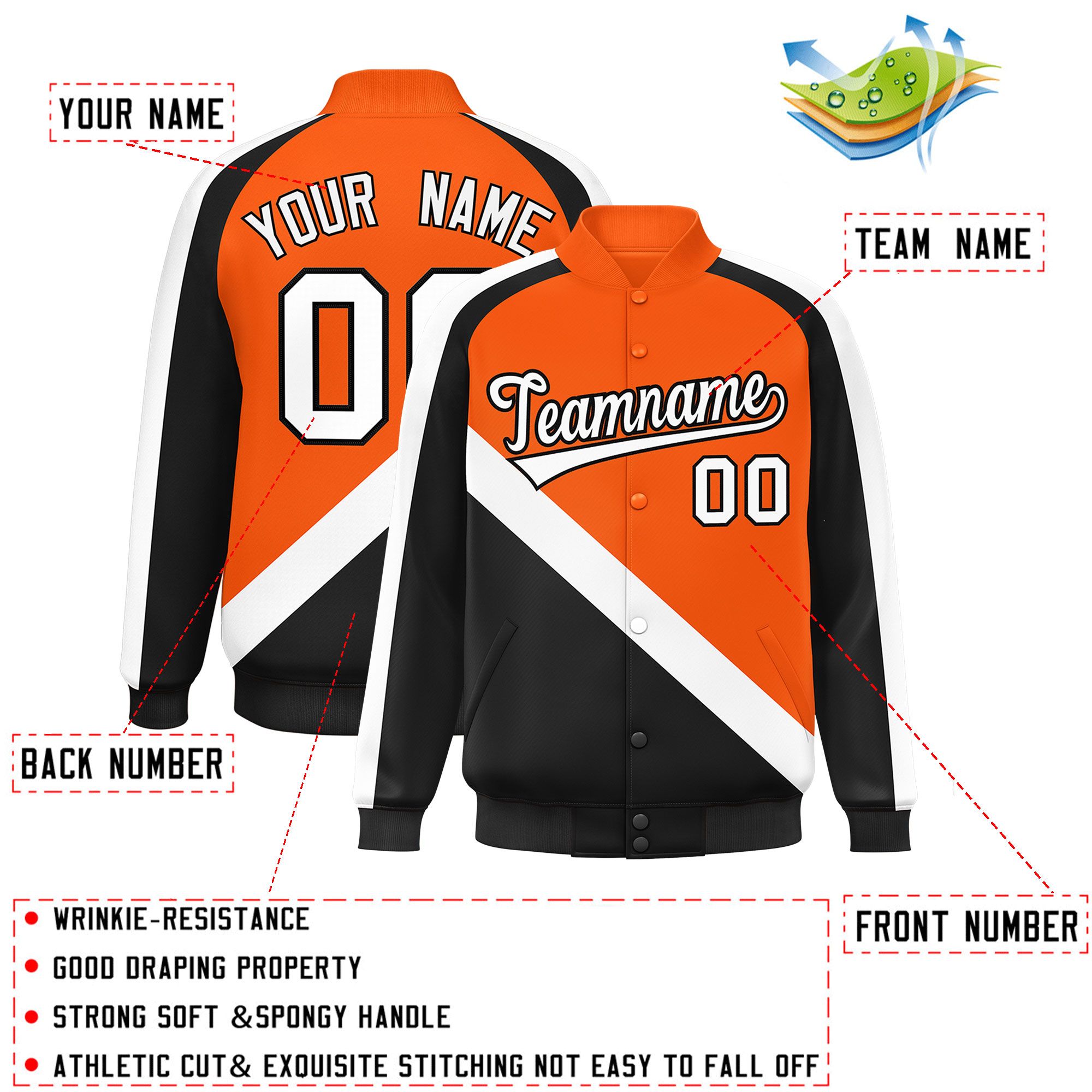 Custom Orange Black Raglan Sleeves Varsity Full-Snap Letterman Baseball Jacket