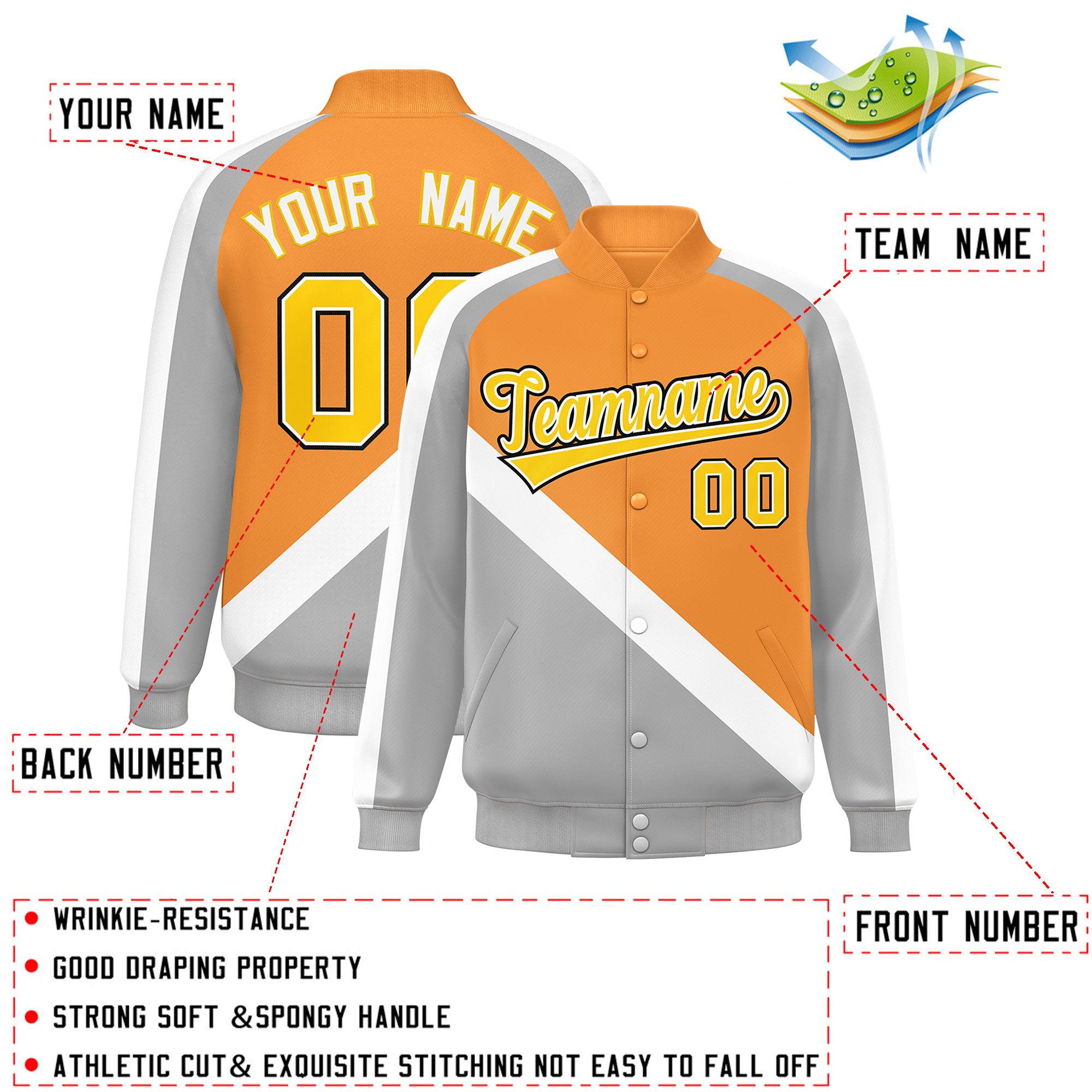 Custom Orange Gray Raglan Sleeves Varsity Full-Snap Letterman Baseball Jacket