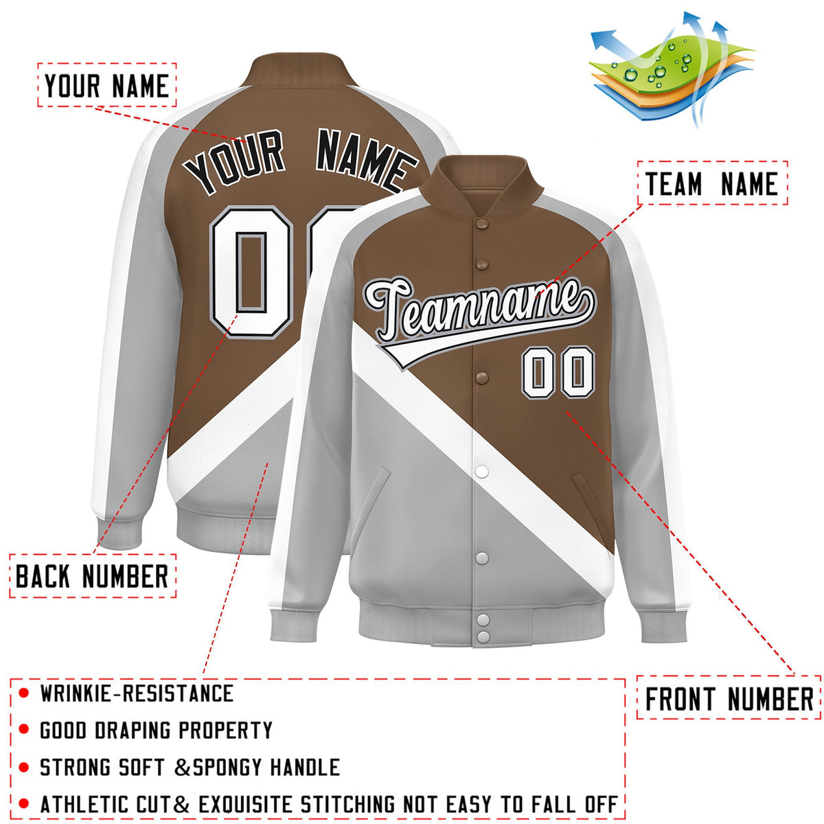 Custom Light Brown Gray Raglan Sleeves Varsity Full-Snap Letterman Baseball Jacket