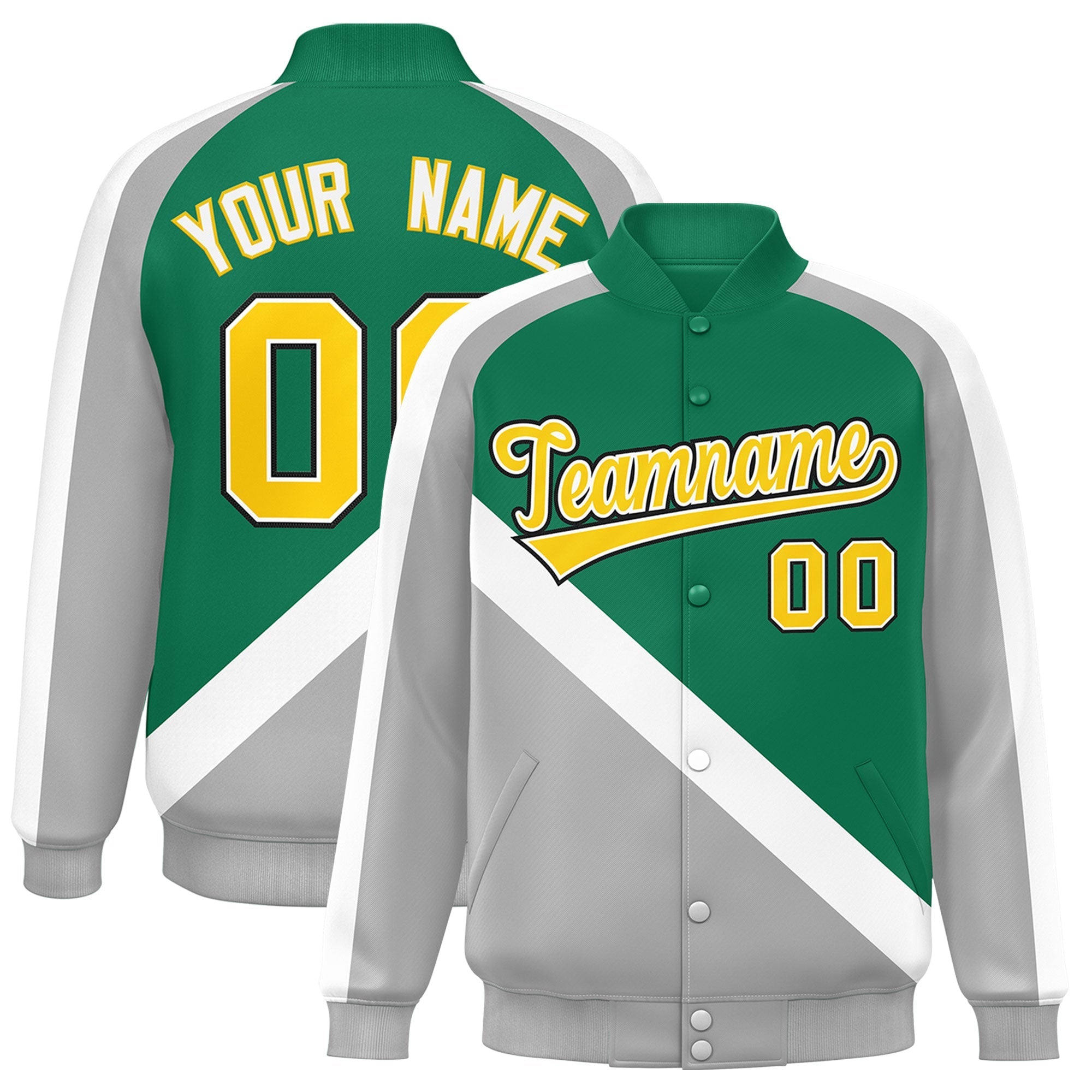 Custom Kelly Green Gray Raglan Sleeves Varsity Full-Snap Letterman Baseball Jacket