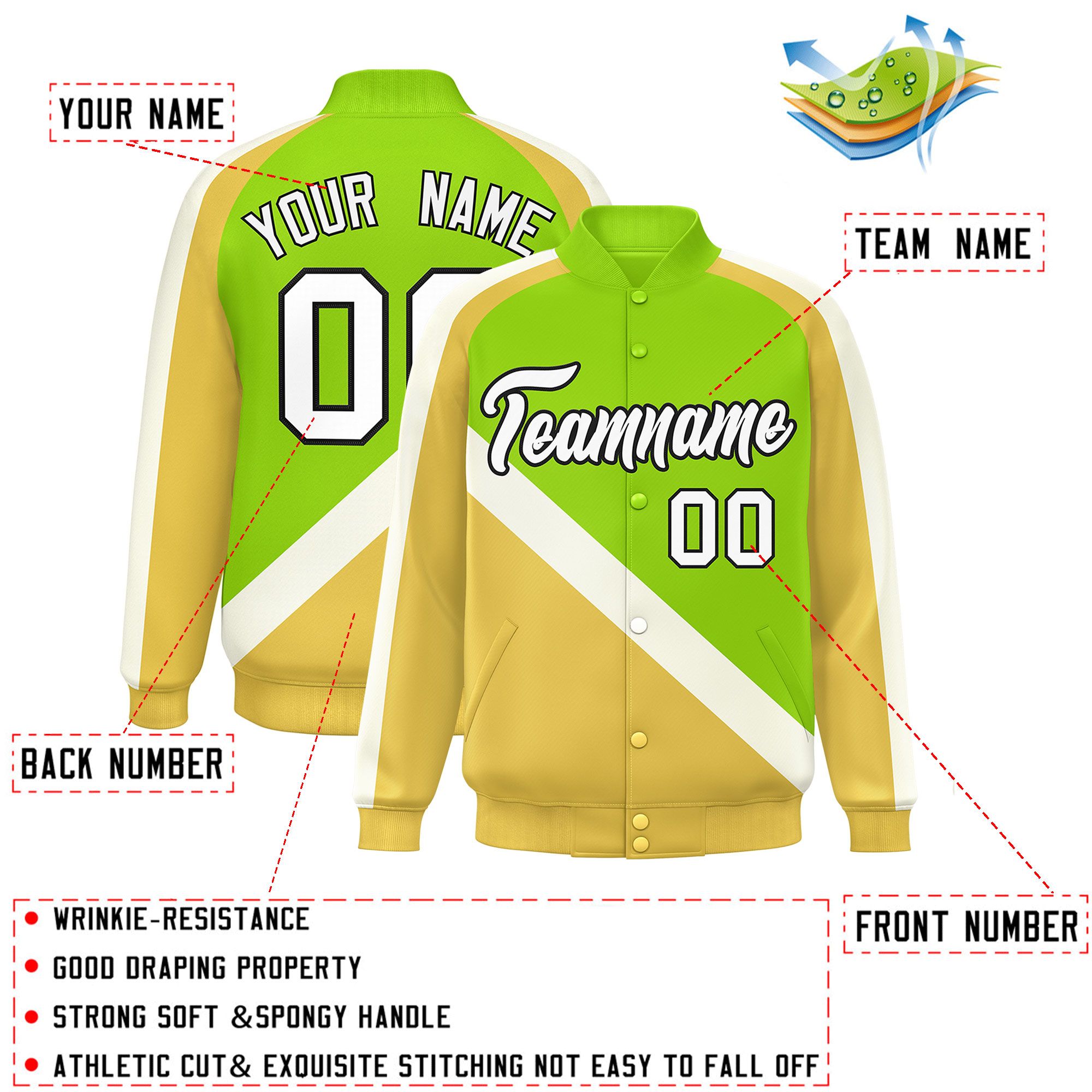 Custom Neon Green Khaki Raglan Sleeves Varsity Full-Snap Letterman Baseball Jacket