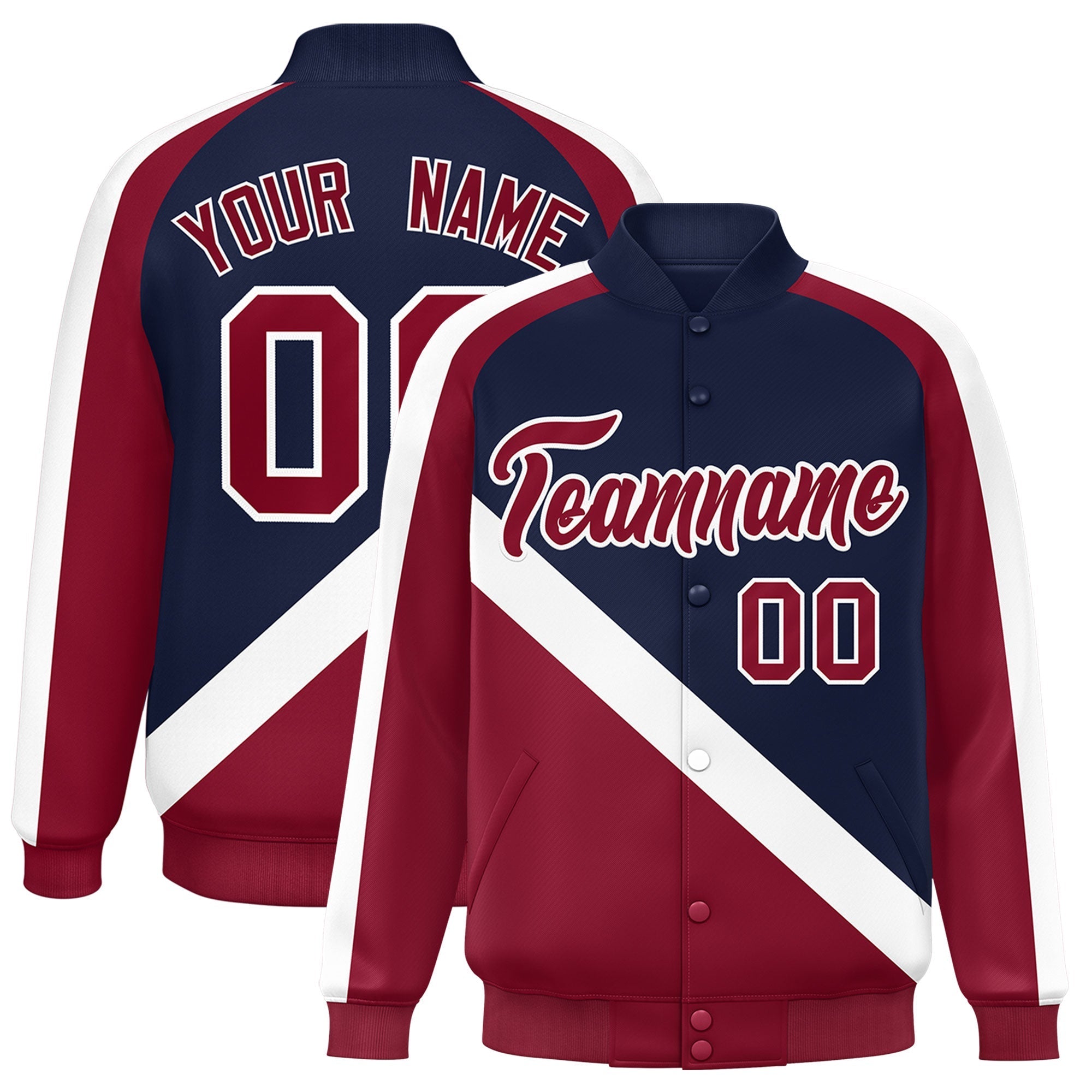 Custom Navy Crimson Raglan Sleeves Varsity Full-Snap Letterman Baseball Jacket