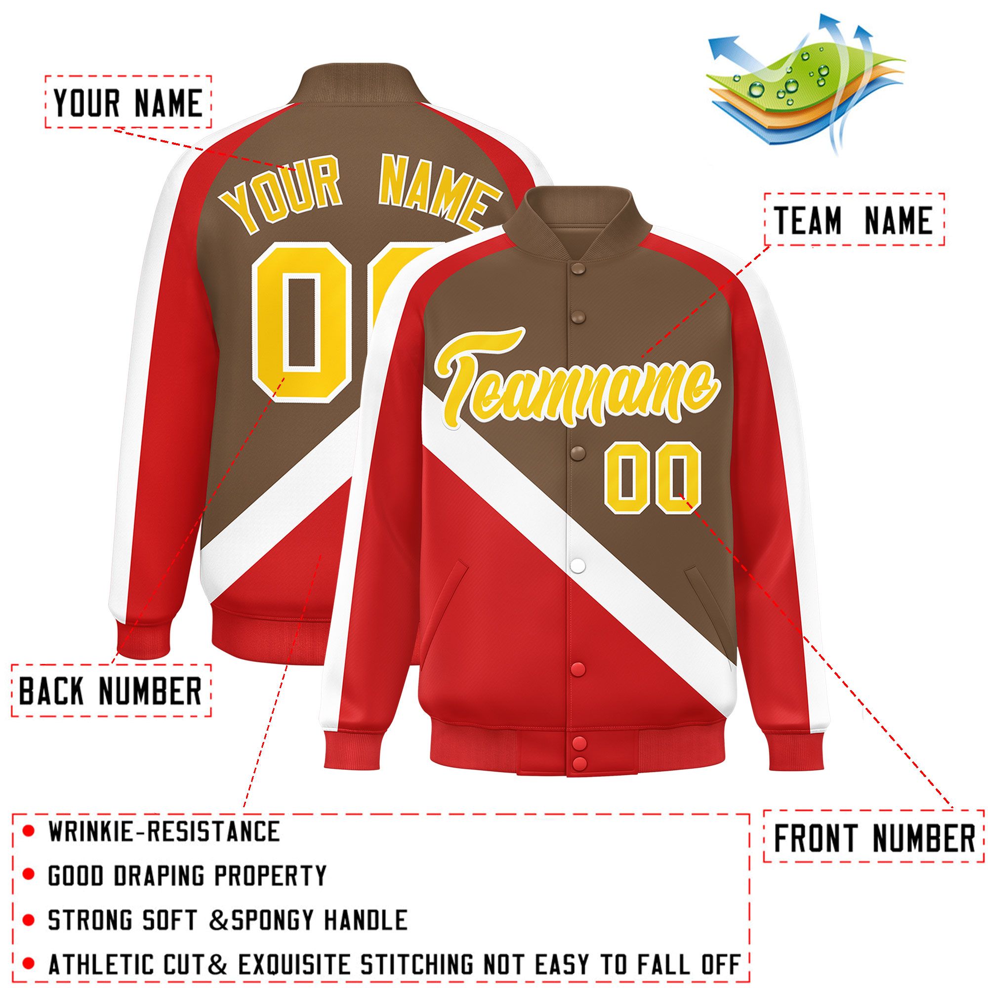 Custom Light Brown Red Raglan Sleeves Varsity Full-Snap Letterman Baseball Jacket