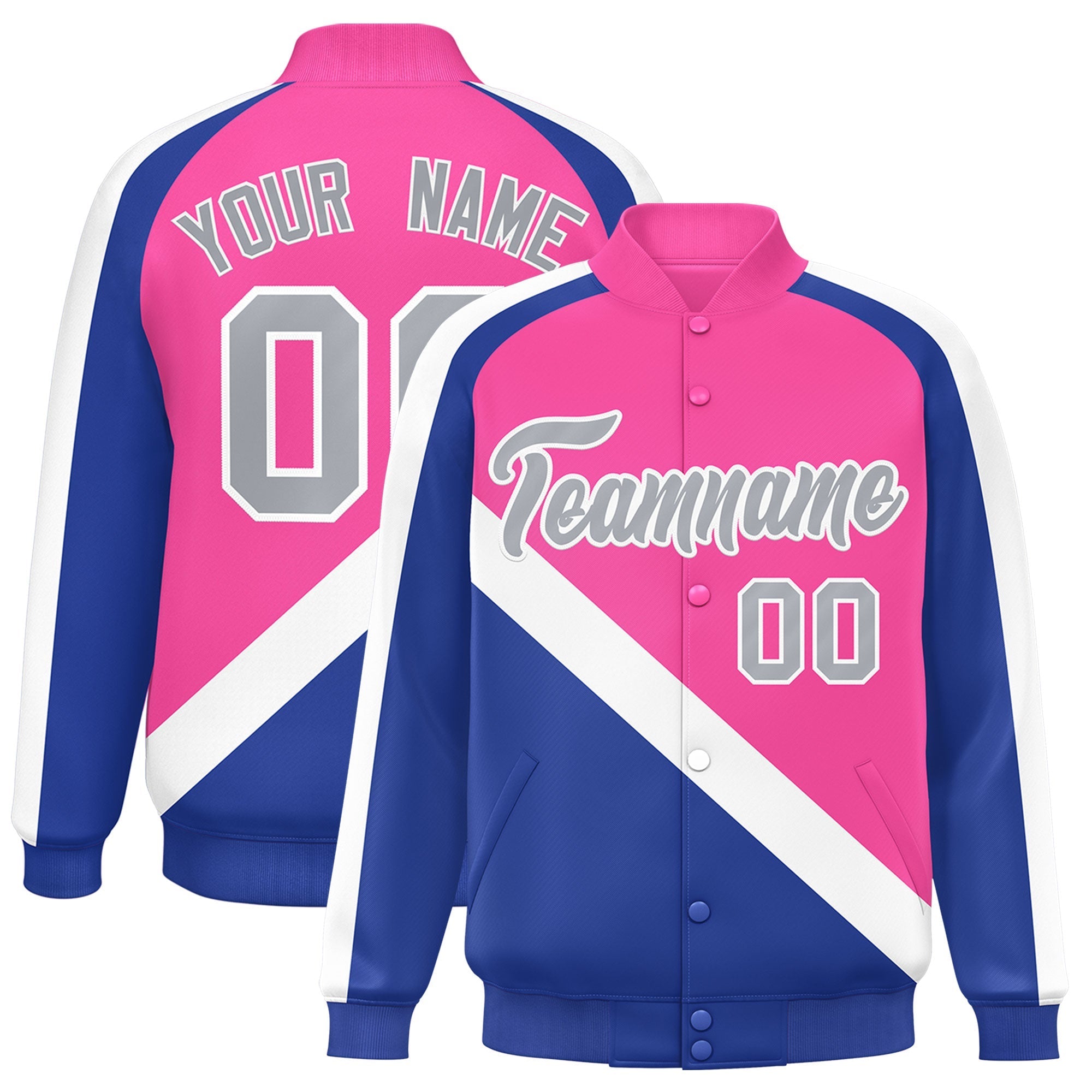 Custom Pink Royal Raglan Sleeves Varsity Full-Snap Letterman Baseball Jacket