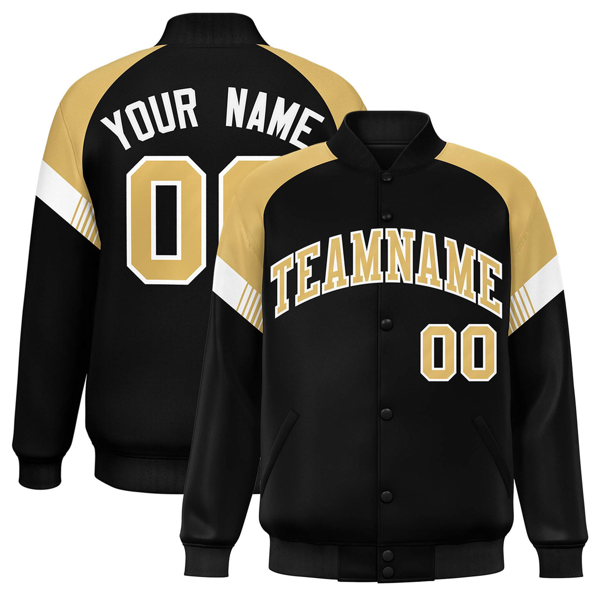 Custom Black Old Gold-White Varsity Full-Snap Color Block Letterman Jacket