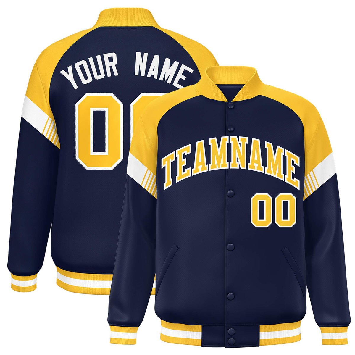 Custom Navy Gold-White Varsity Full-Snap Color Block Letterman Jacket