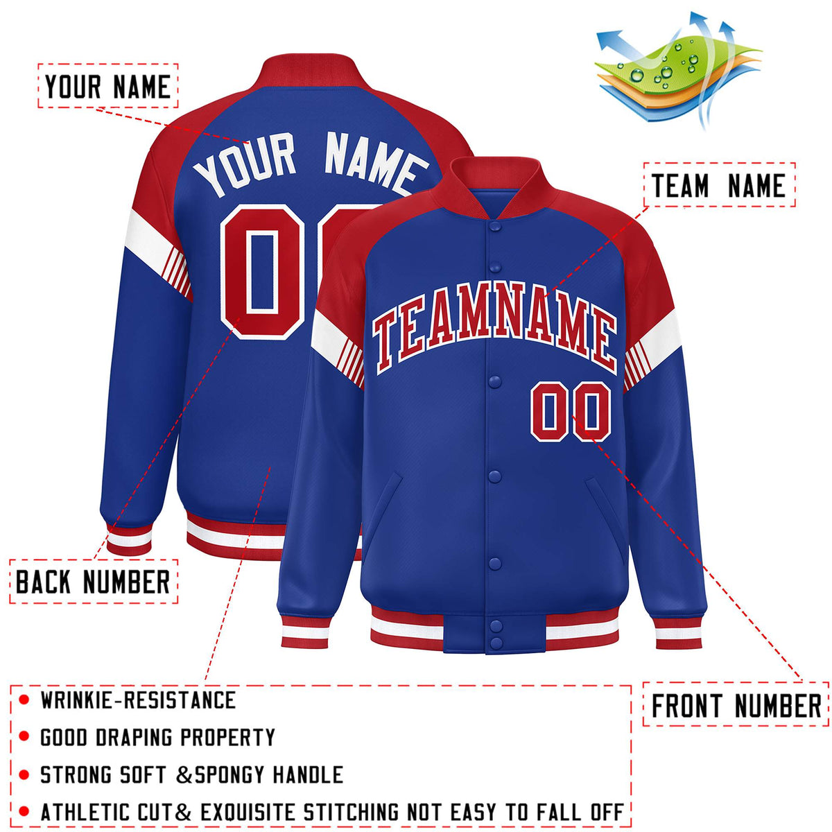 Custom Royal Red-White Varsity Full-Snap Color Block Letterman Jacket