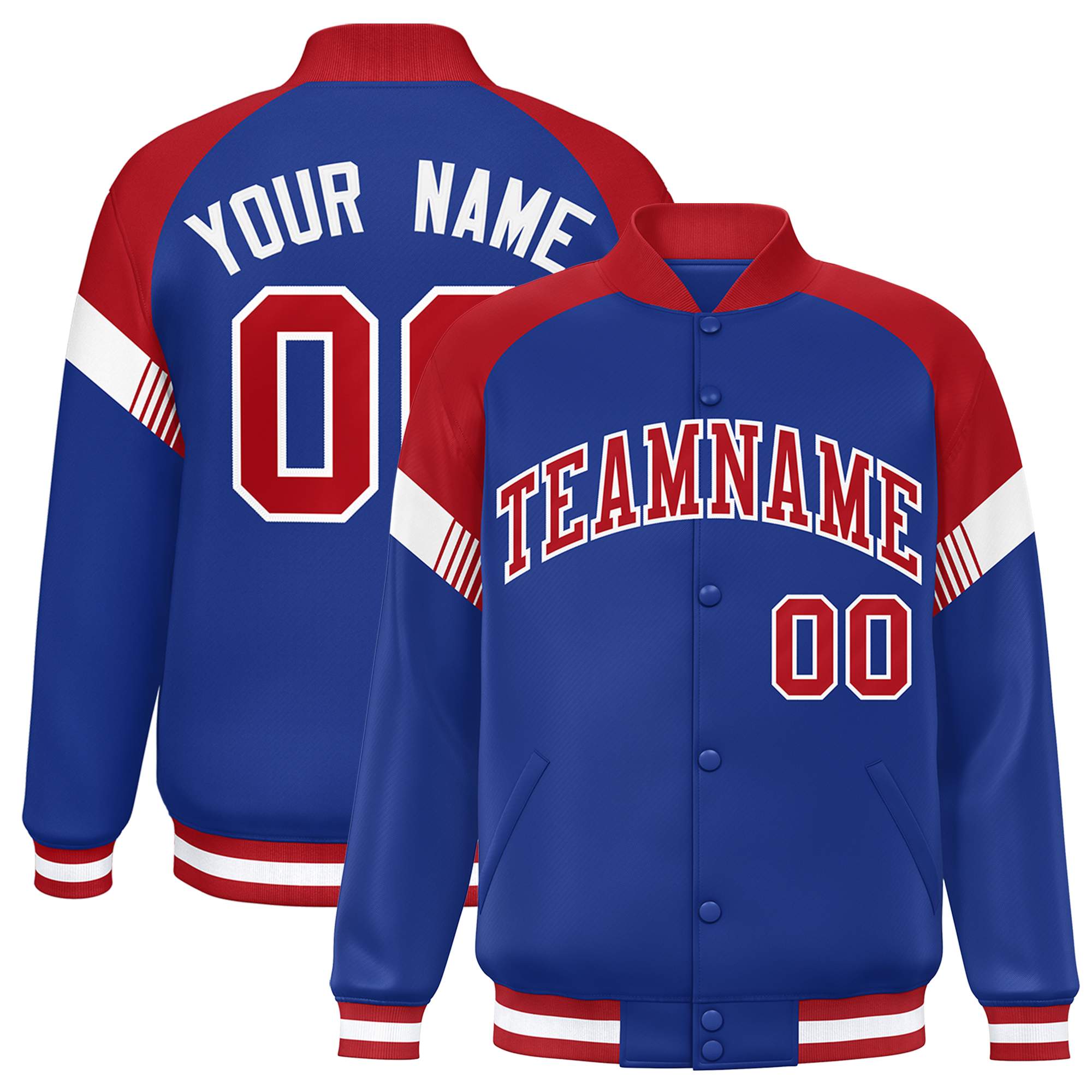 Custom Royal Red-White Varsity Full-Snap Color Block Letterman Jacket