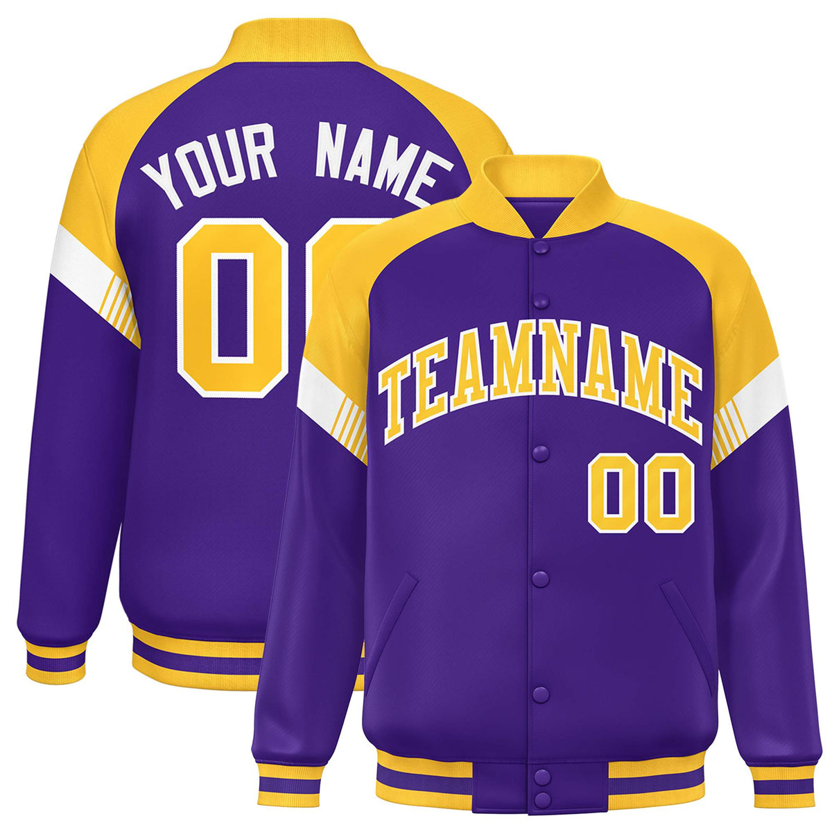 Custom Purple Gold-White Varsity Full-Snap Color Block Letterman Jacket