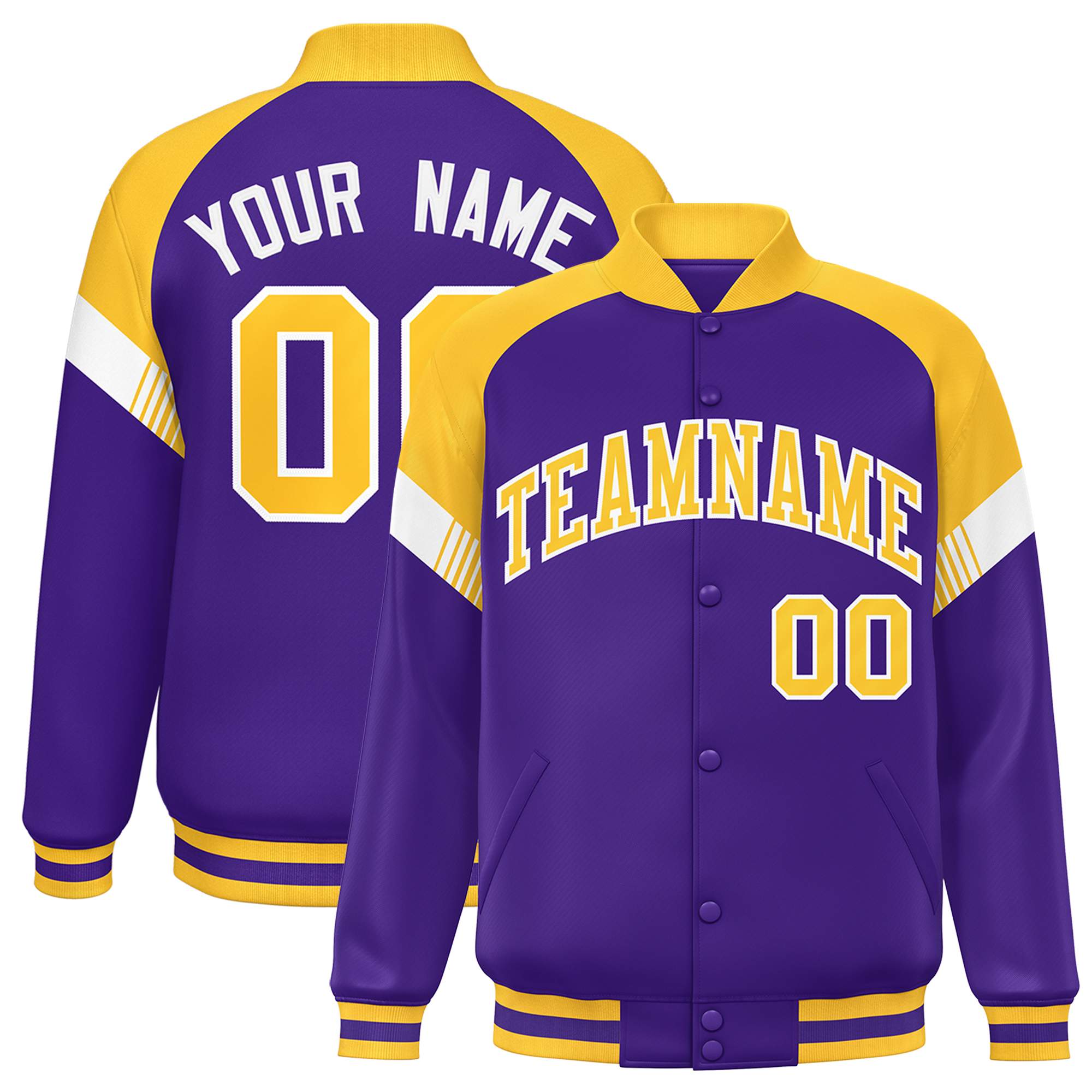 Custom Purple Gold-White Varsity Full-Snap Color Block Letterman Jacket