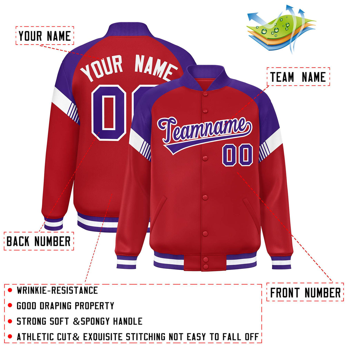 Custom Red Purple-White Varsity Full-Snap Color Block Letterman Jacket