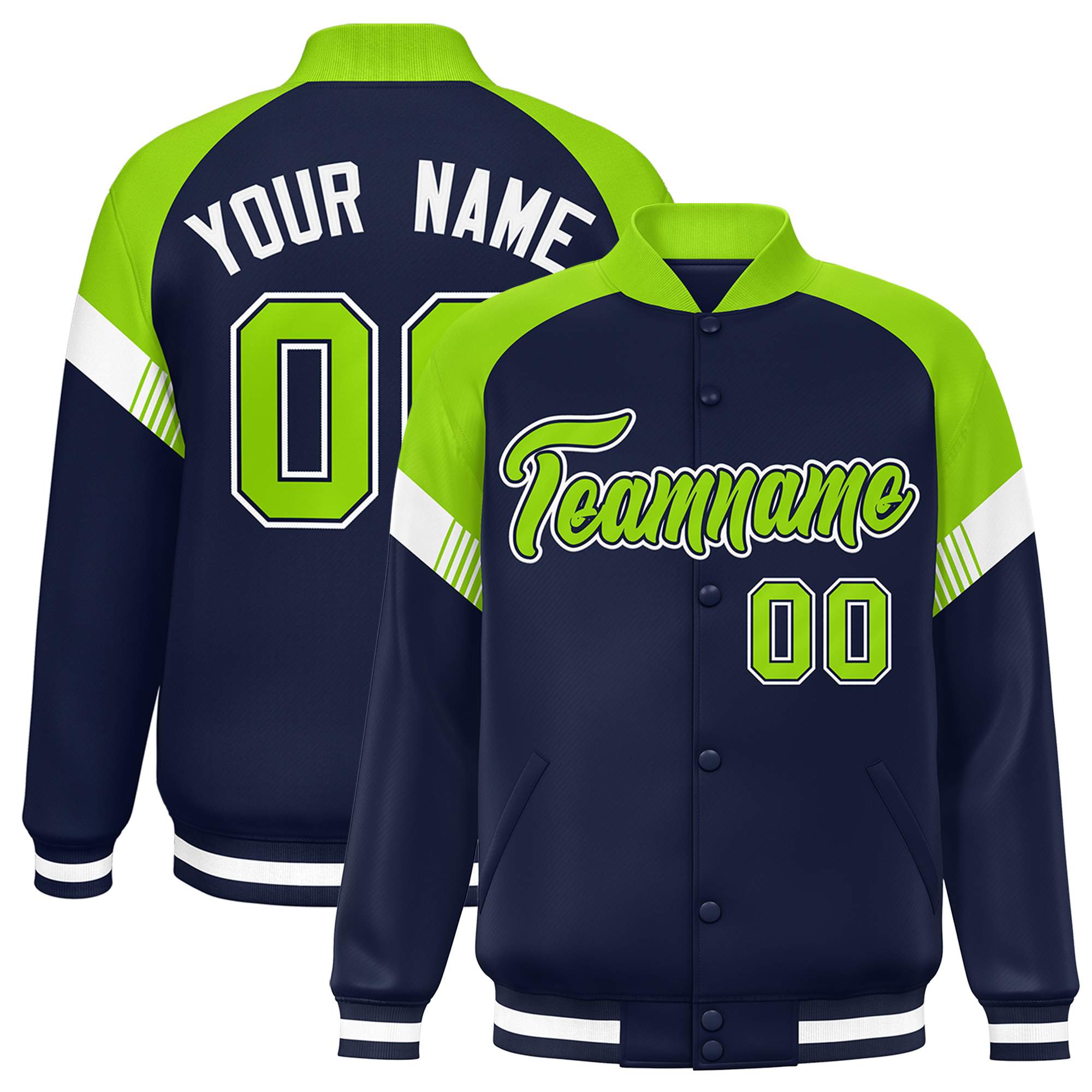 Custom Navy Neon Green-White Varsity Full-Snap Color Block Letterman Jacket