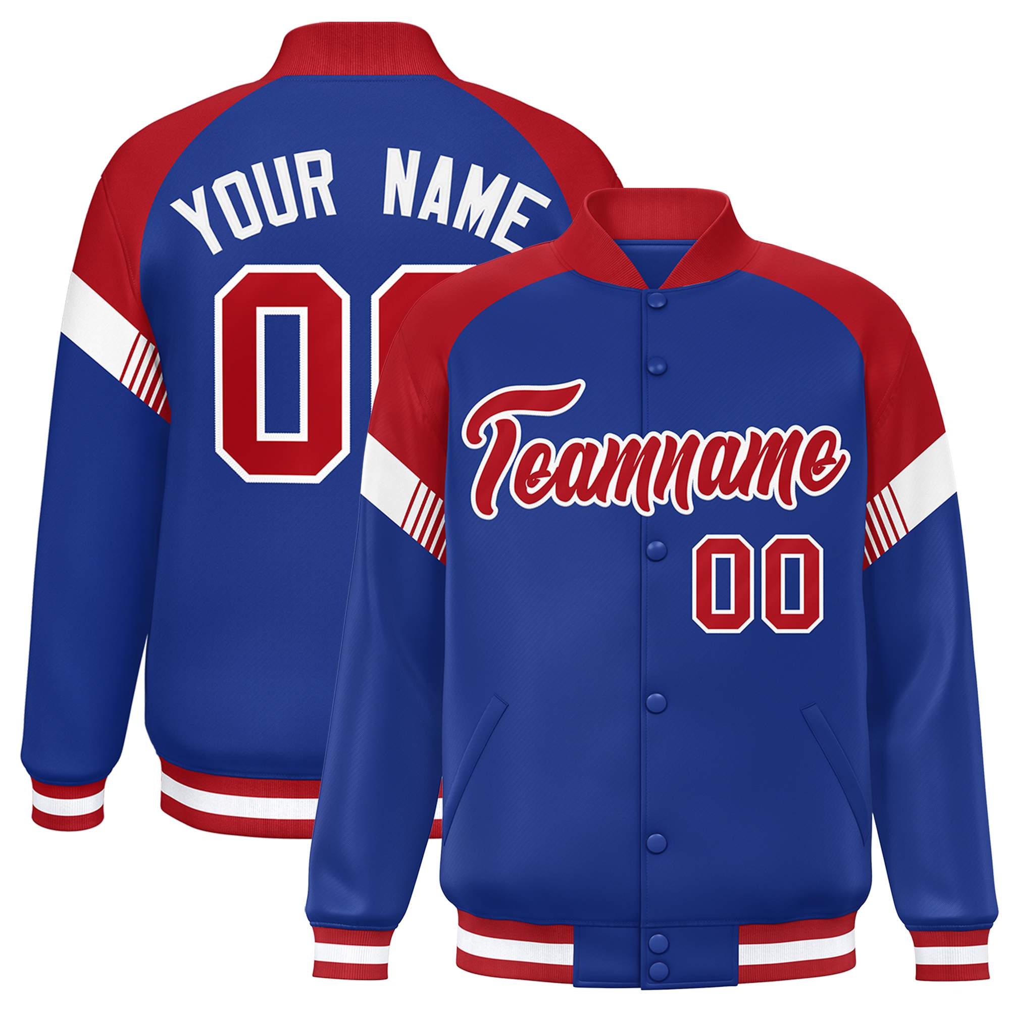 Custom Royal Red-White Varsity Full-Snap Color Block Letterman Jacket