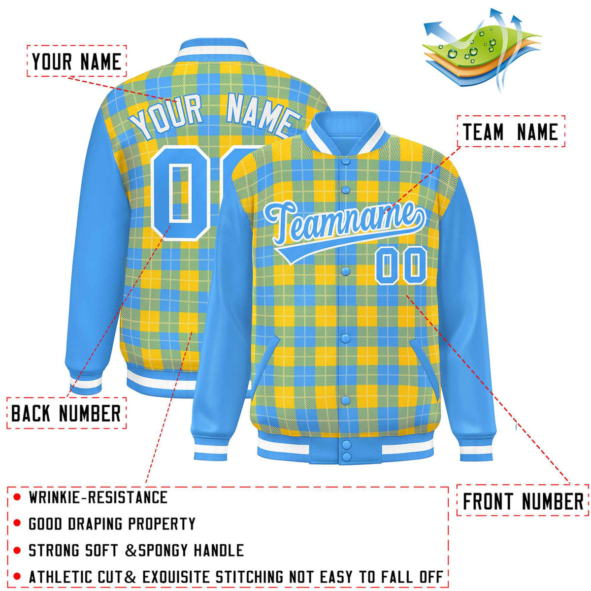 Custom Gold Powder Blue-White Varsity Full-Snap Plaid Pattern Letterman Baseball Jacket