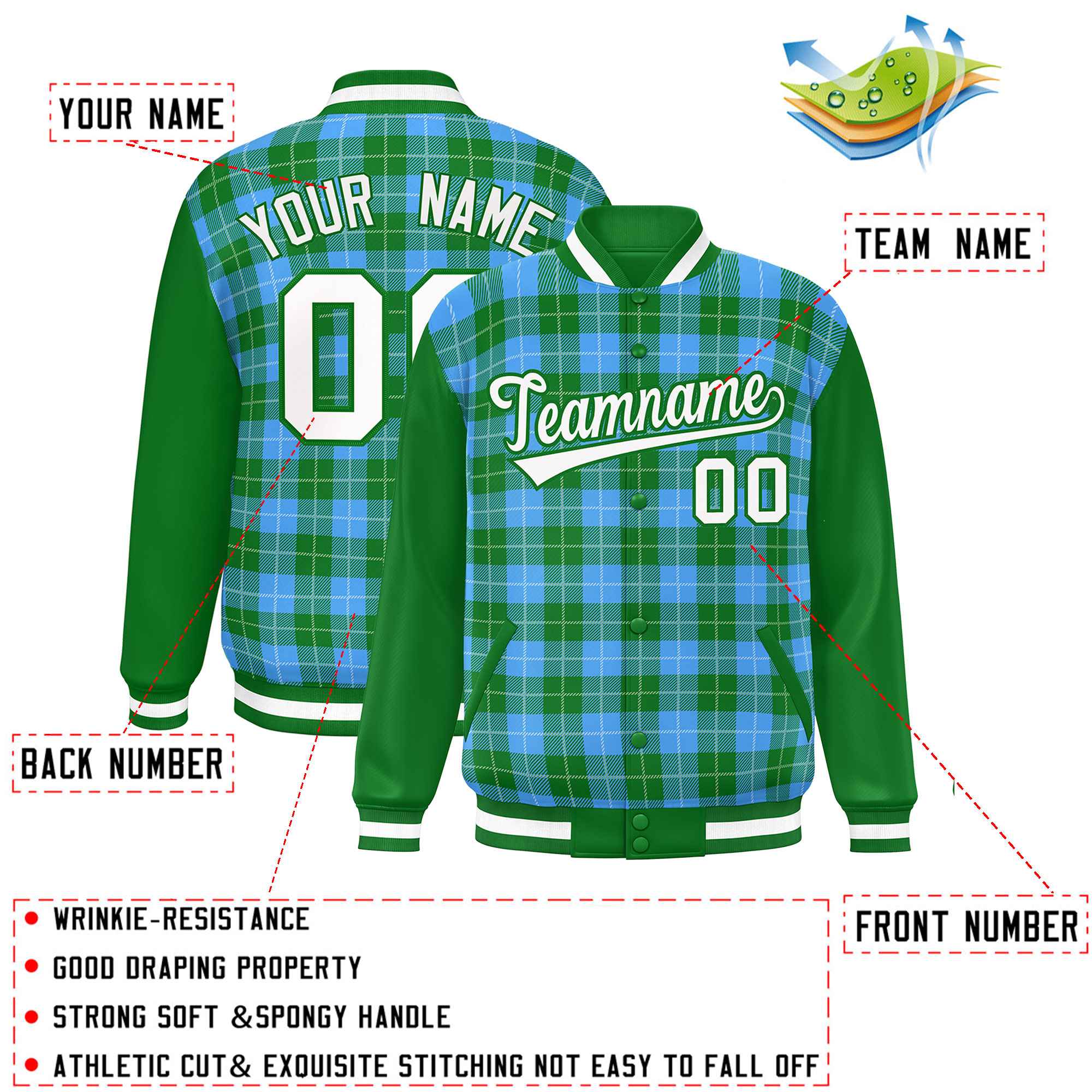 Custom Powder Blue Green-White Varsity Full-Snap Plaid Pattern Letterman Baseball Jacket
