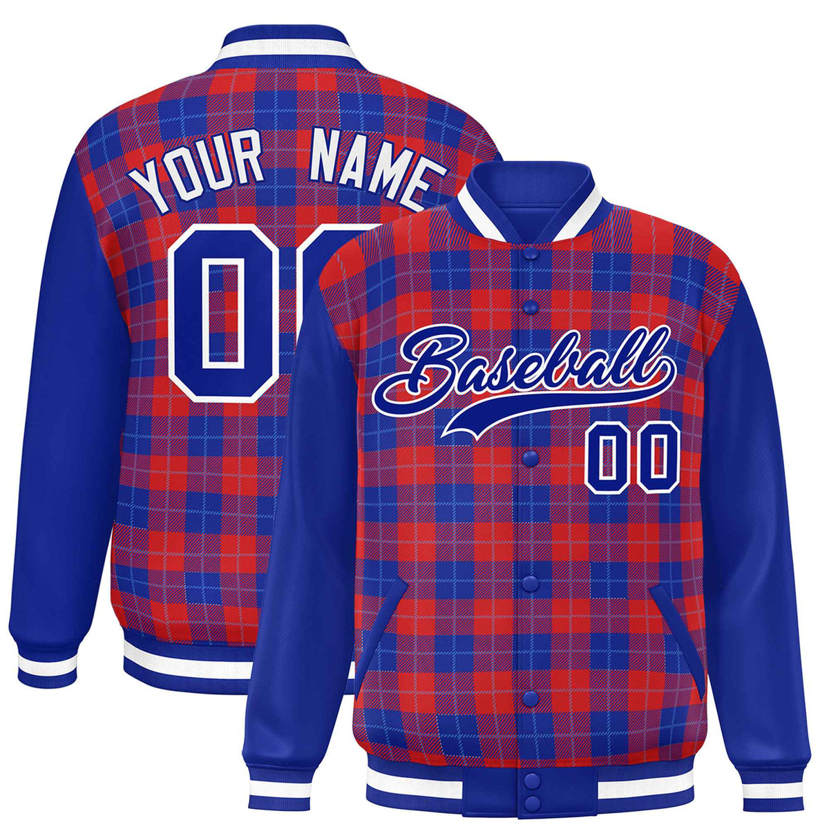 Custom Red Royal-Powder Blue Varsity Full-Snap Plaid Pattern Letterman Baseball Jacket