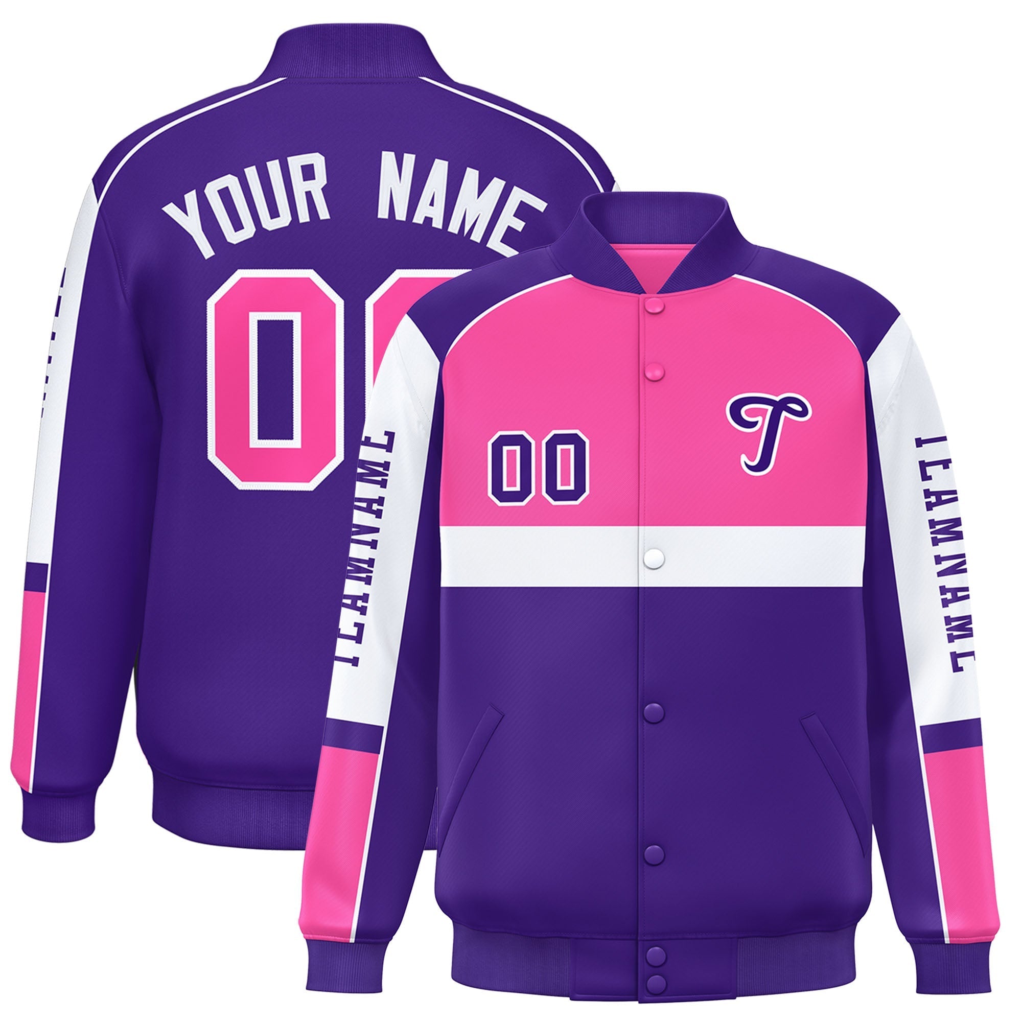 Custom Pink Purple Varsity Full-Snap Raglan Sleeves Letterman Jacket